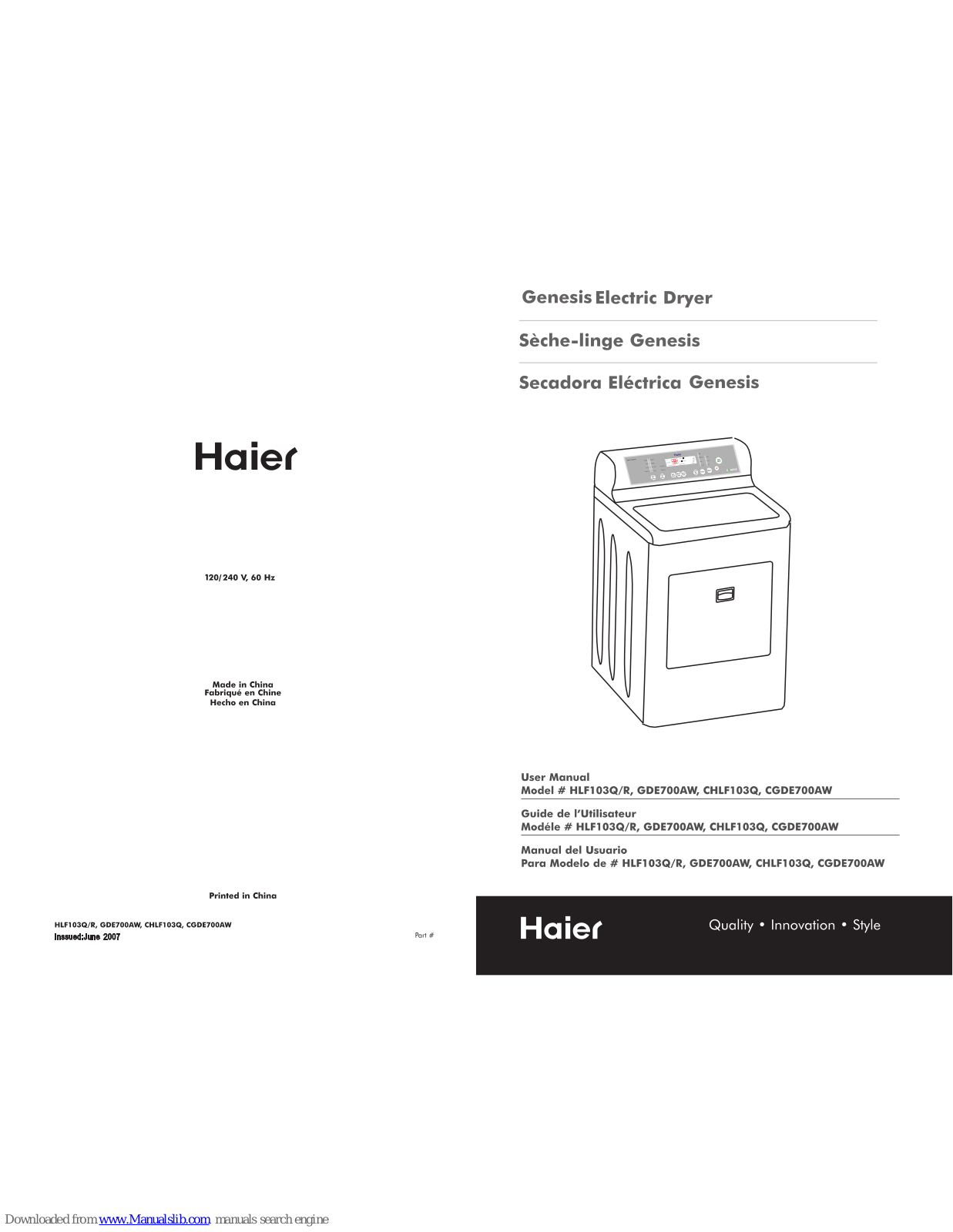 Haier GDE700AW, HLF103Q, HLF103R, CHLF103Q, CGDE700AW User Manual