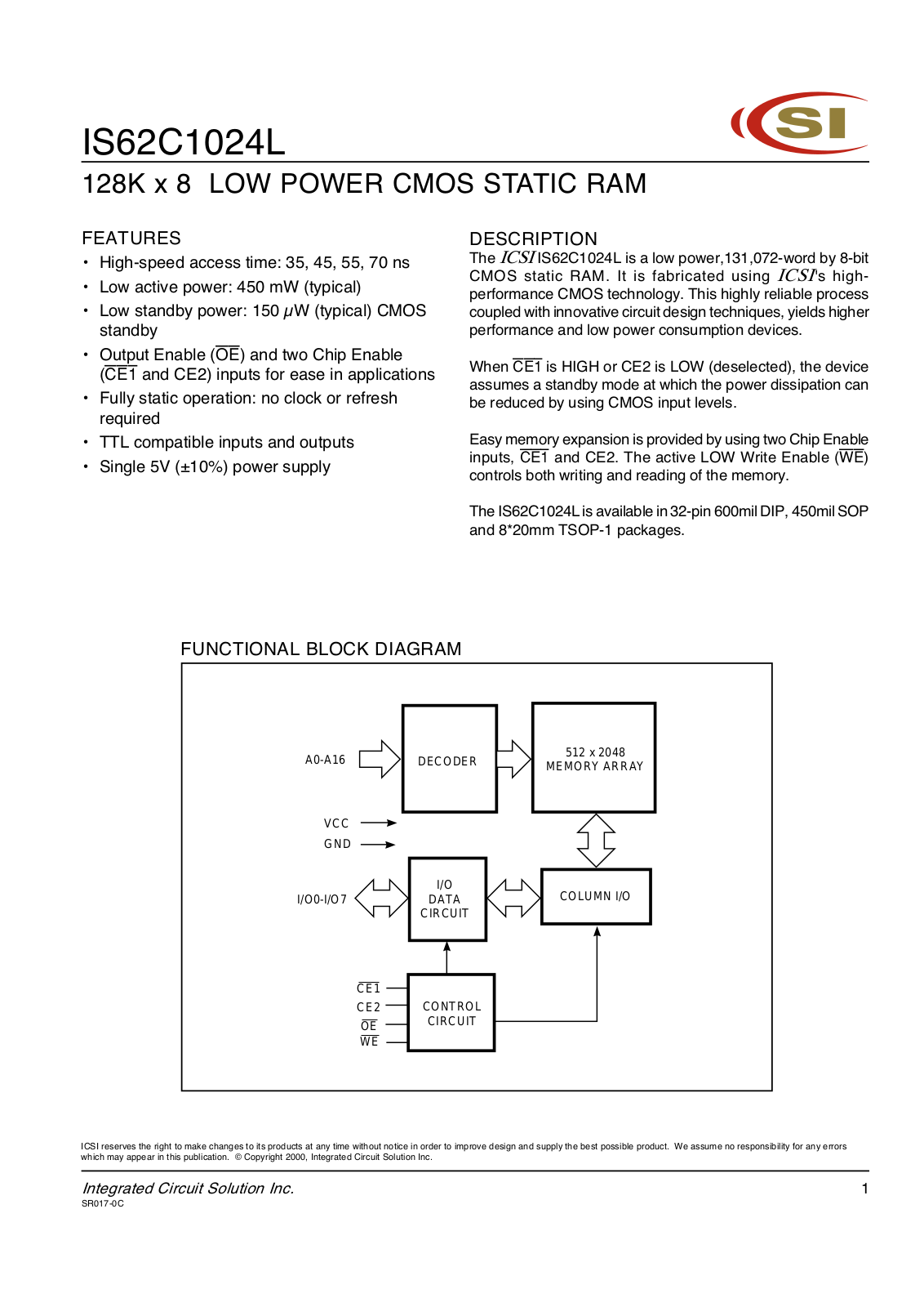 ICSI IS62C1024L-70WI, IS62C1024L-35QI, IS62C1024L-35Q, IS62C1024L-45WI, IS62C1024L-45W Datasheet