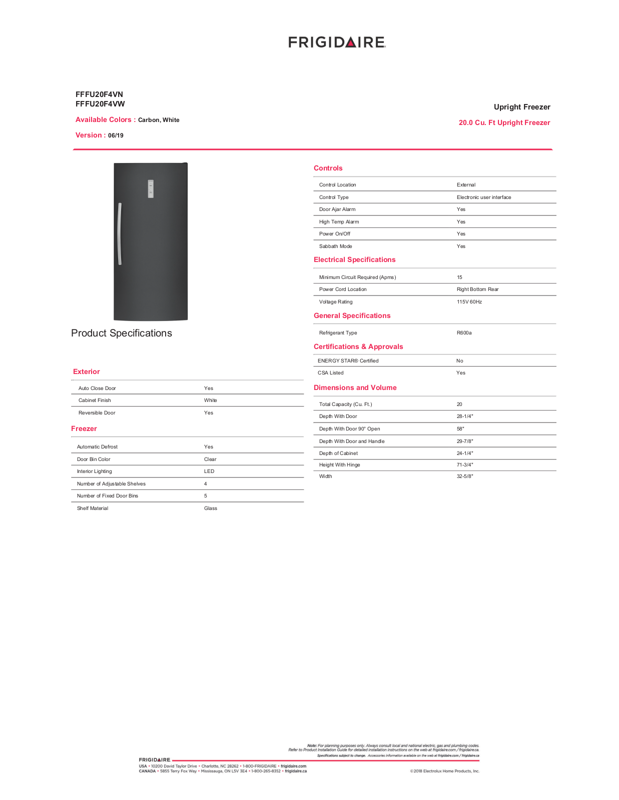 Frigidaire FFFU20F4VN Specs