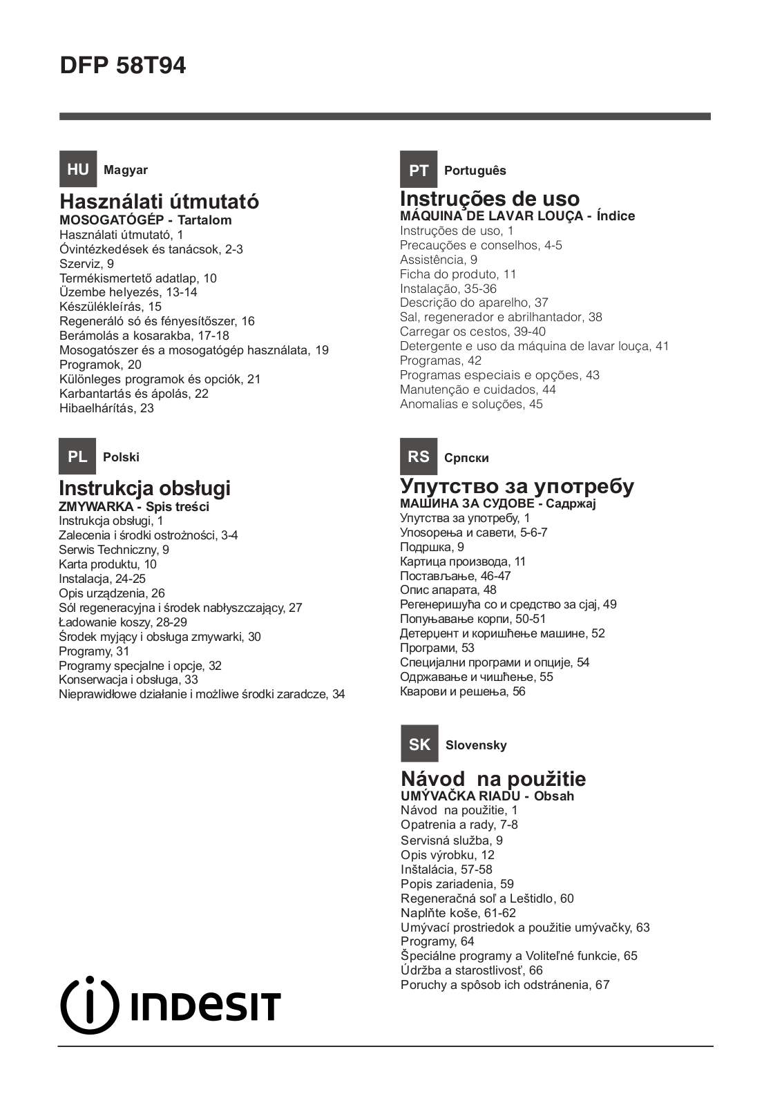 INDESIT DFP 58T94 Z User Manual