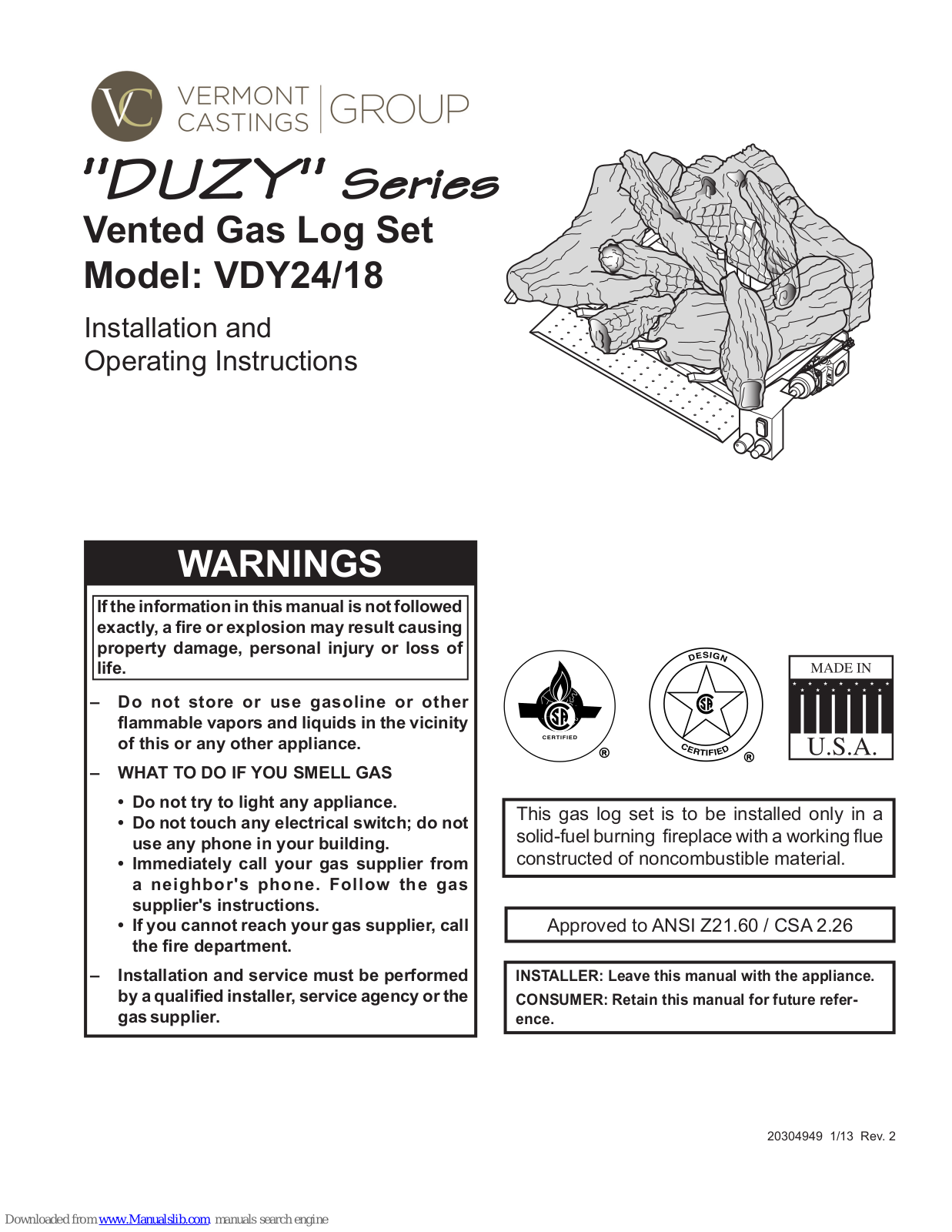 Vermont Castings DUZY VDY24/18 Installation And Operating Instructions Manual