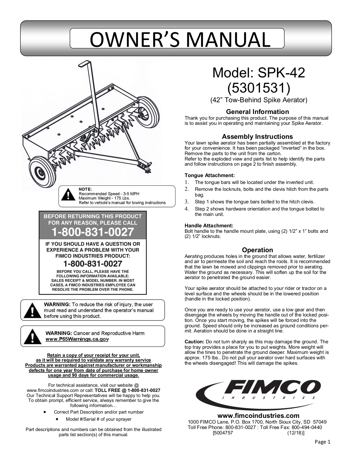 Fimco SPK-42 User Manual