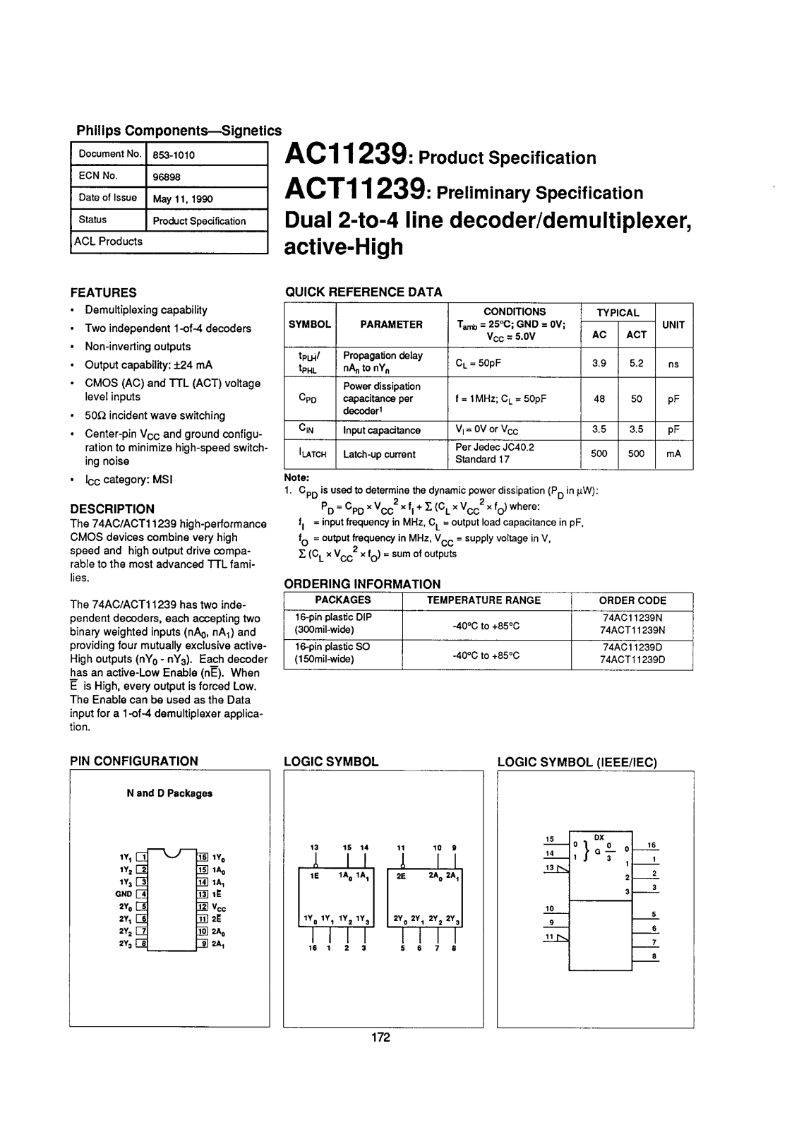 Philips 74ACT11239N, 74ACT11239D, 74AC11239N, 74AC11239D Datasheet