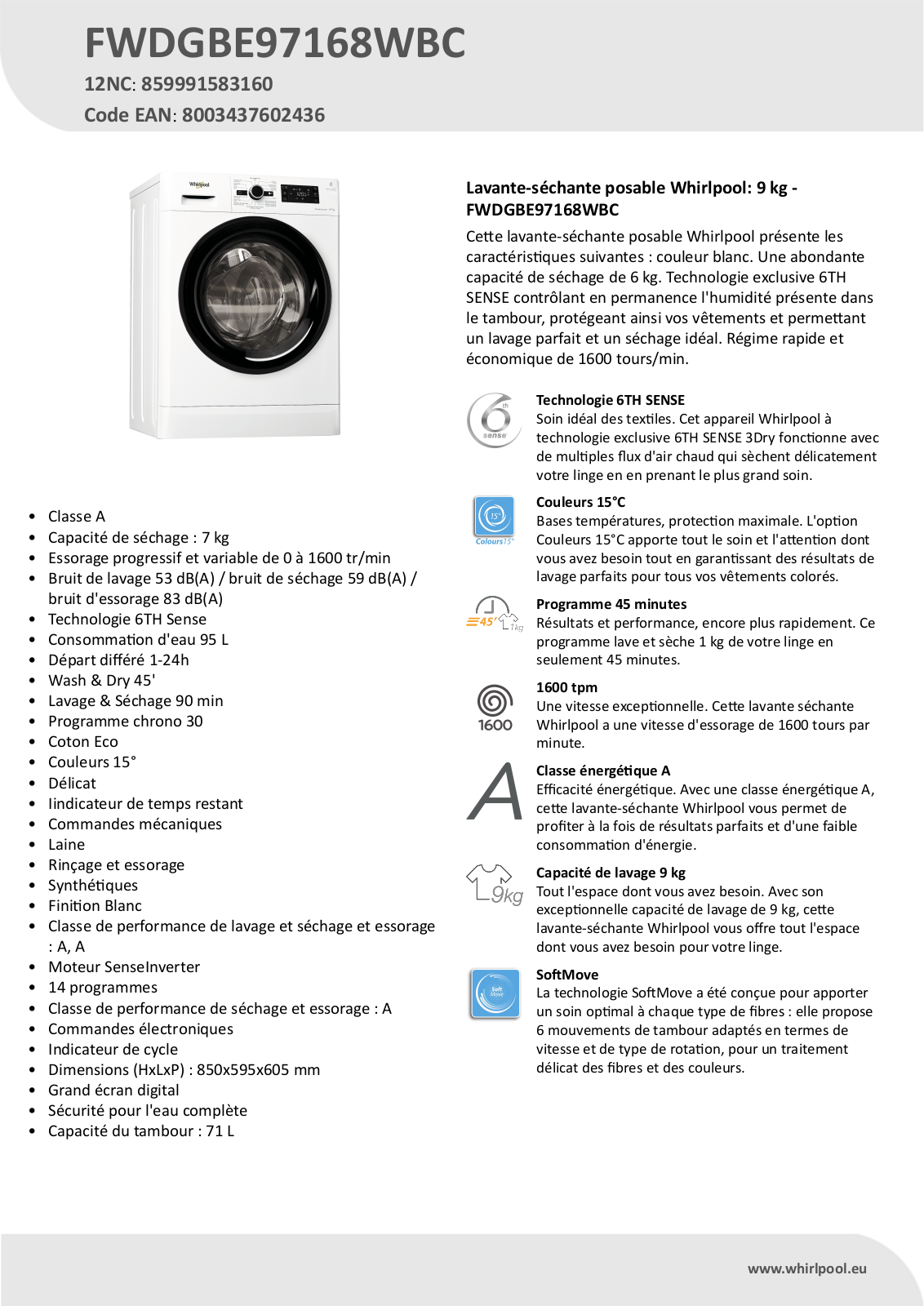 WHIRLPOOL FWDGBE97168WBC User Manual