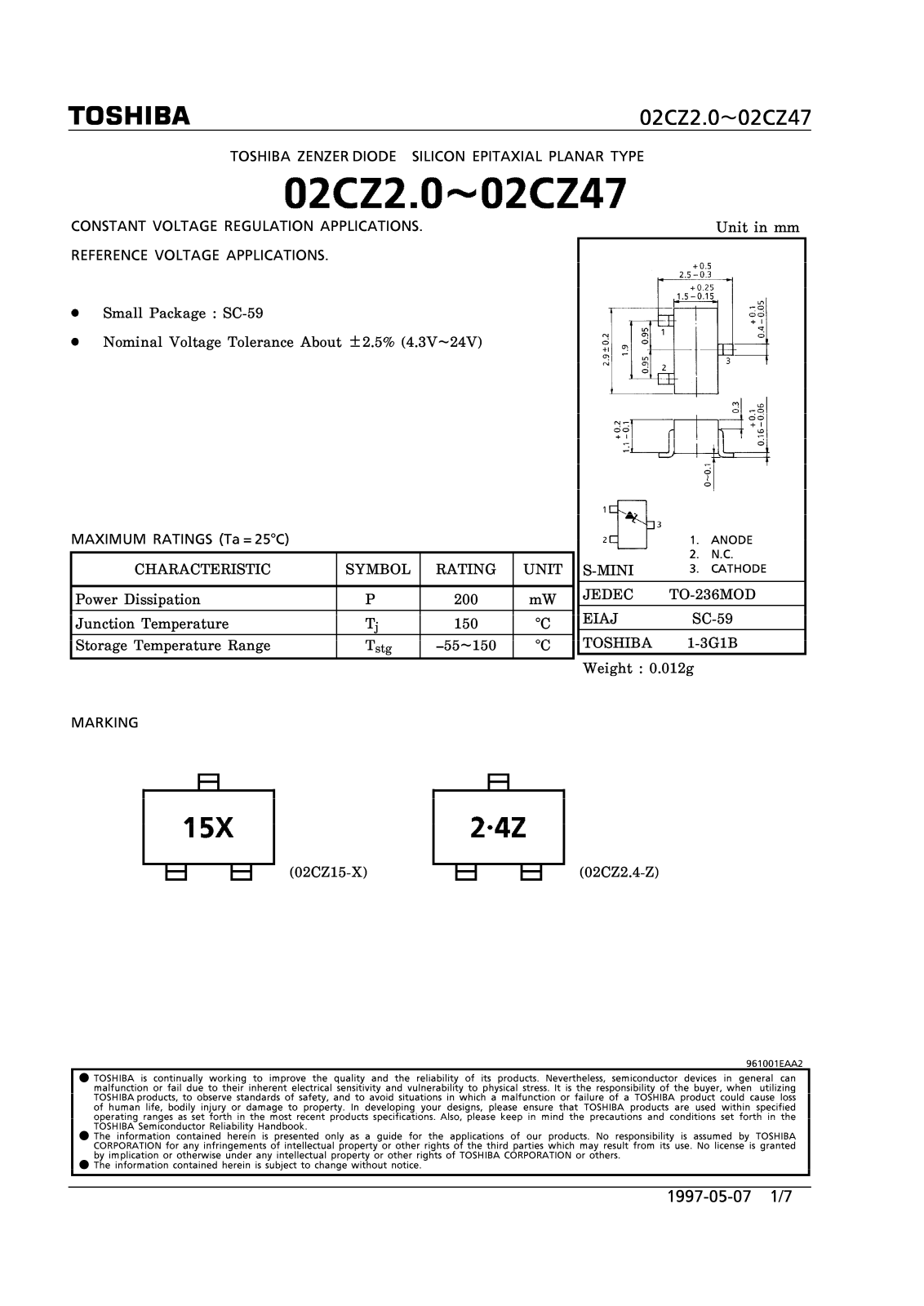 Toshiba 02CZ9.1-Z, 02CZ5.1-Y, 02CZ5.1-X, 02CZ4.7-Z, 02CZ39-Z Datasheet