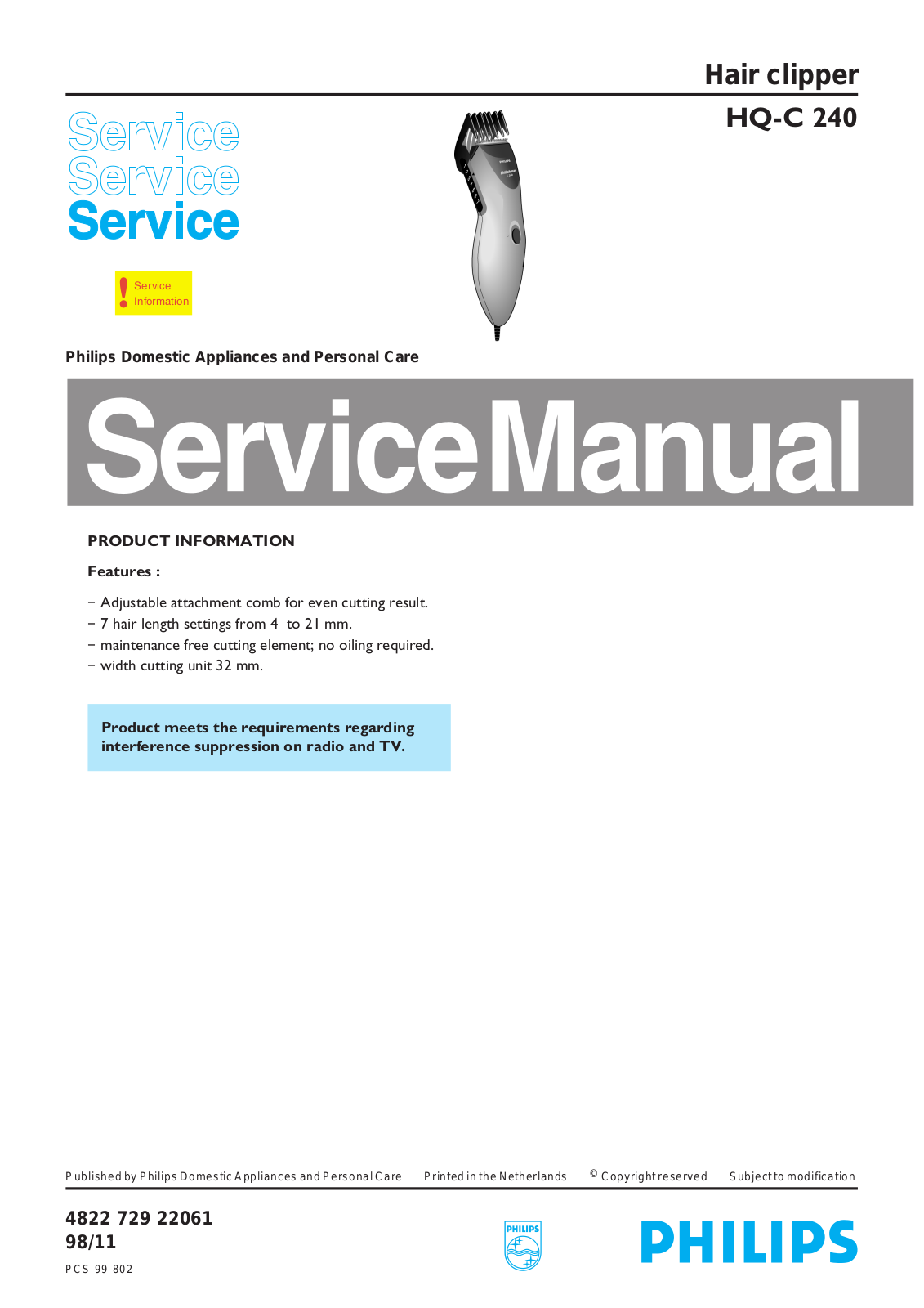 Philips HQ-C240 Service Manual