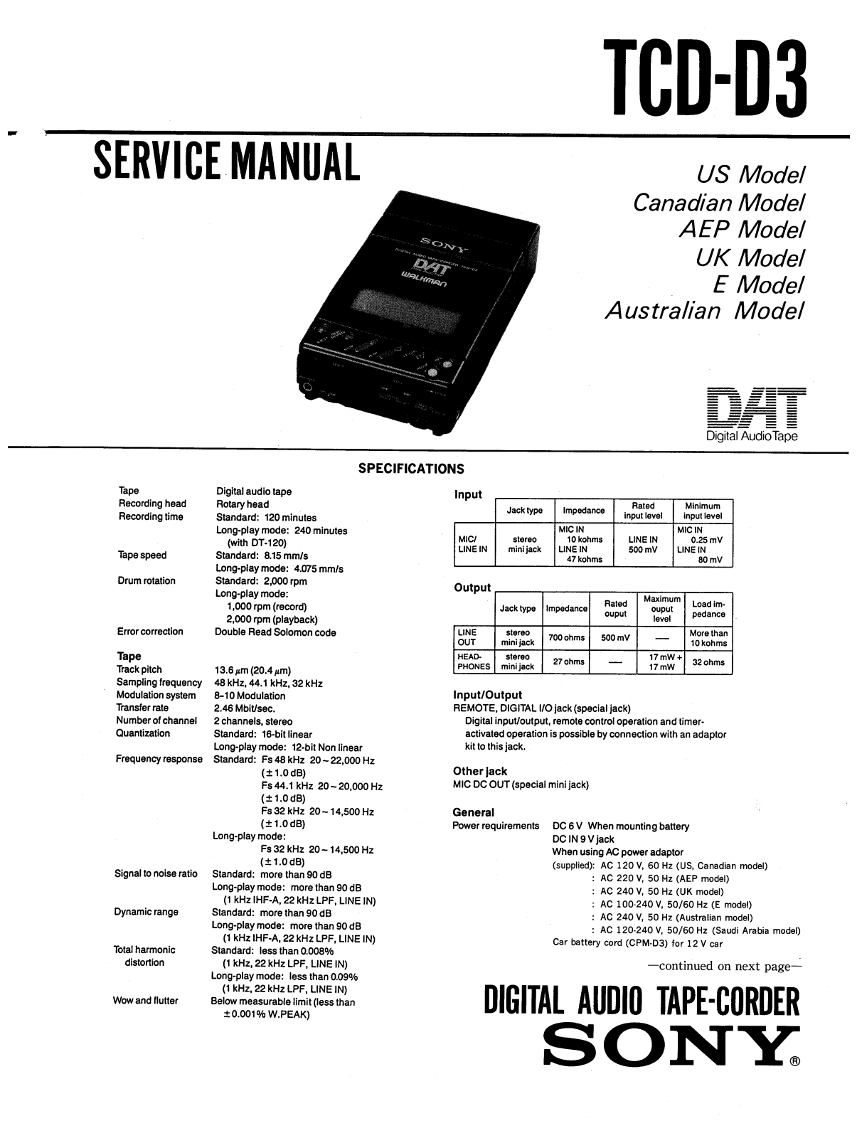 Sony TCDD-3 Service manual