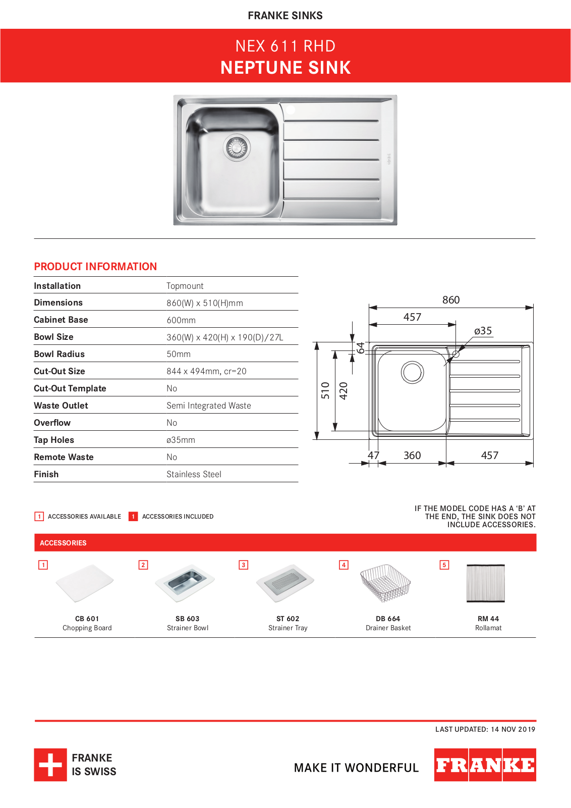 Franke NEX611RHD Specifications Sheet