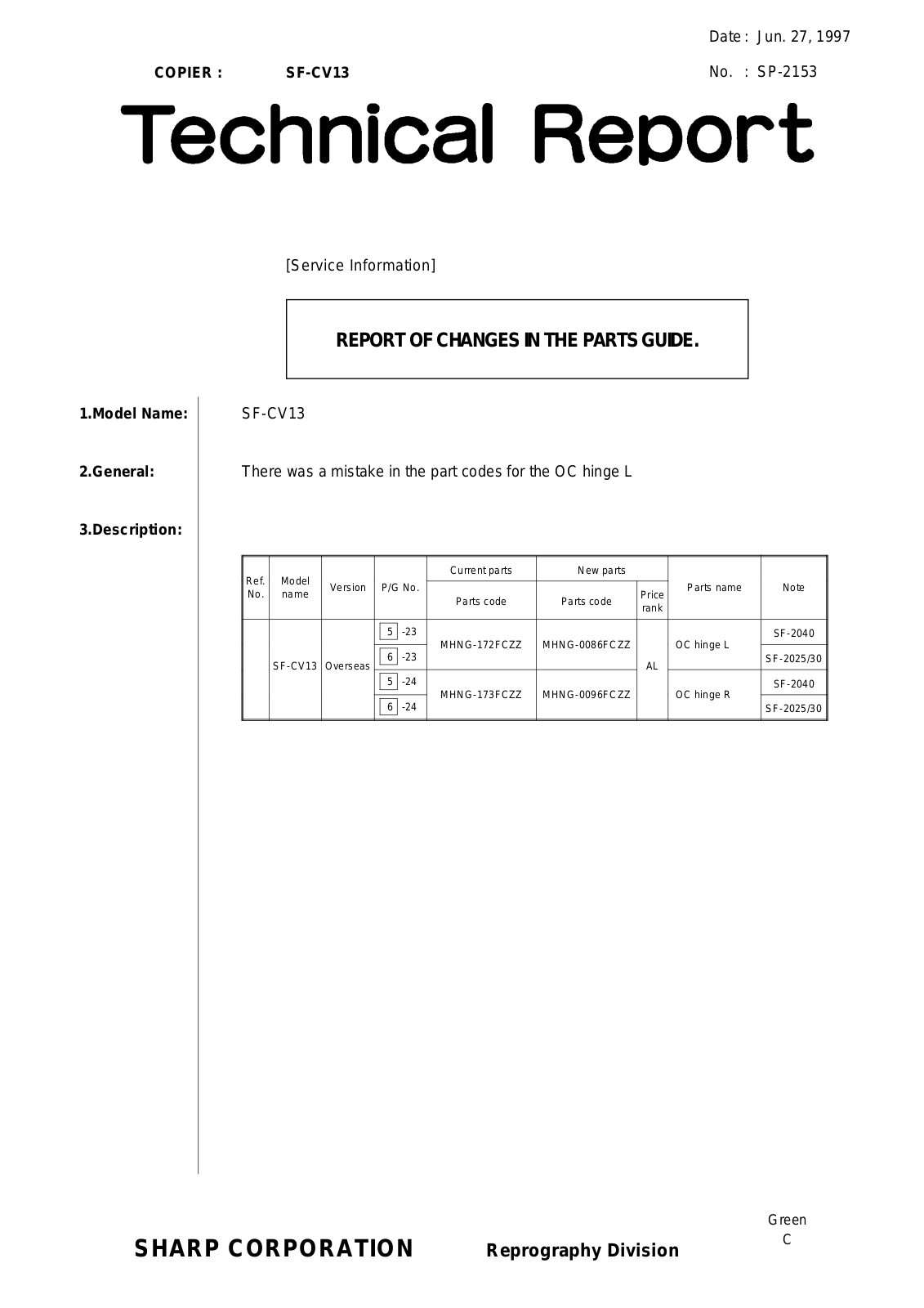 SHARP SP2153 Technical Report