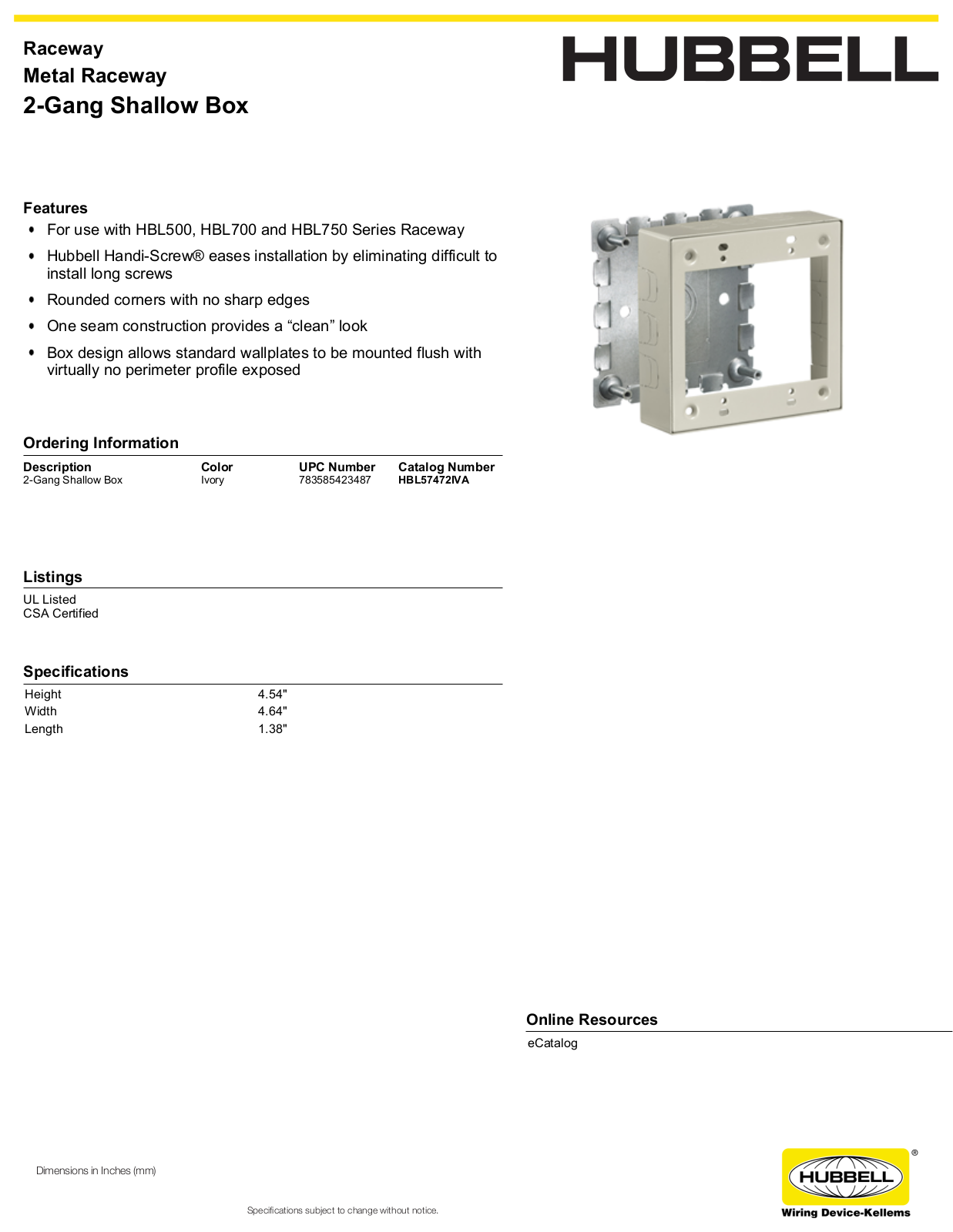 Hubbell HBL57472IVA Specifications