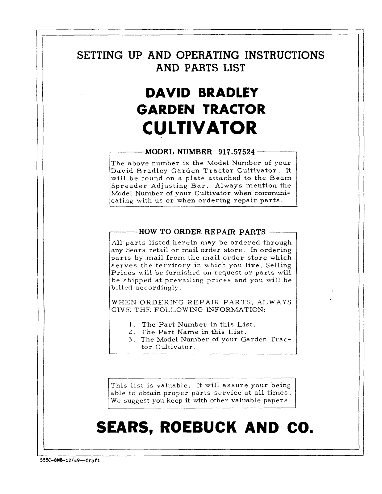 David Bradley 917.57524 Operating instructions