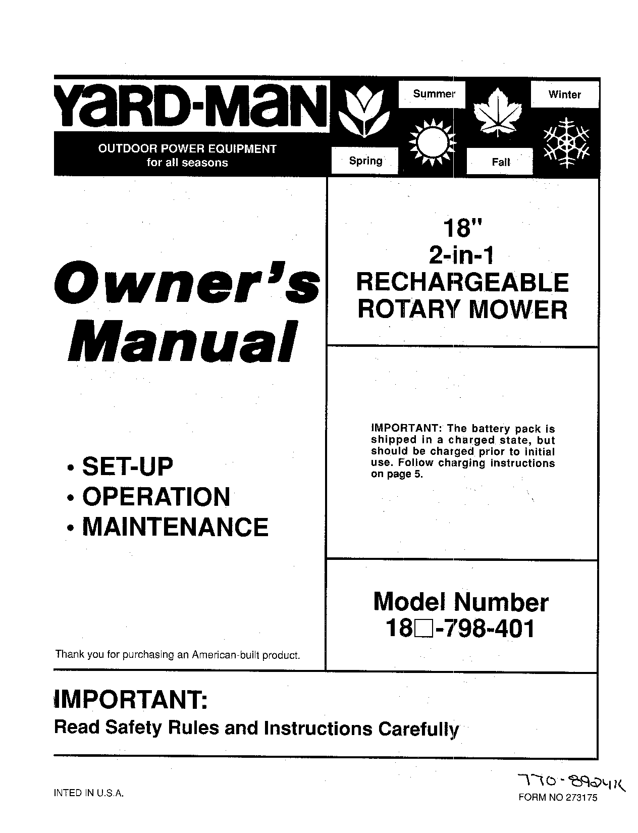 Yard-Man 18-798-401 User Manual
