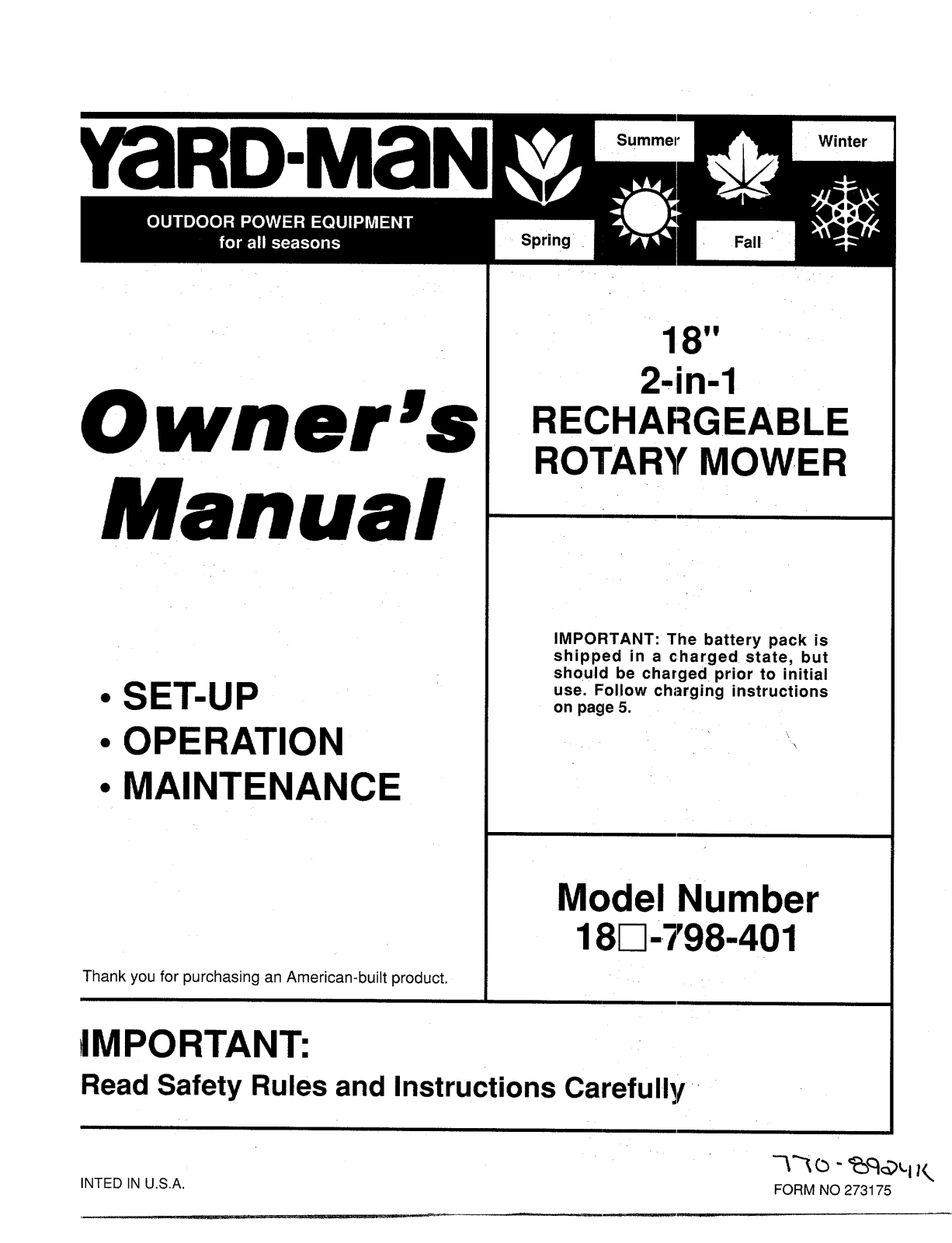 Yard-Man 18-798-401 User Manual