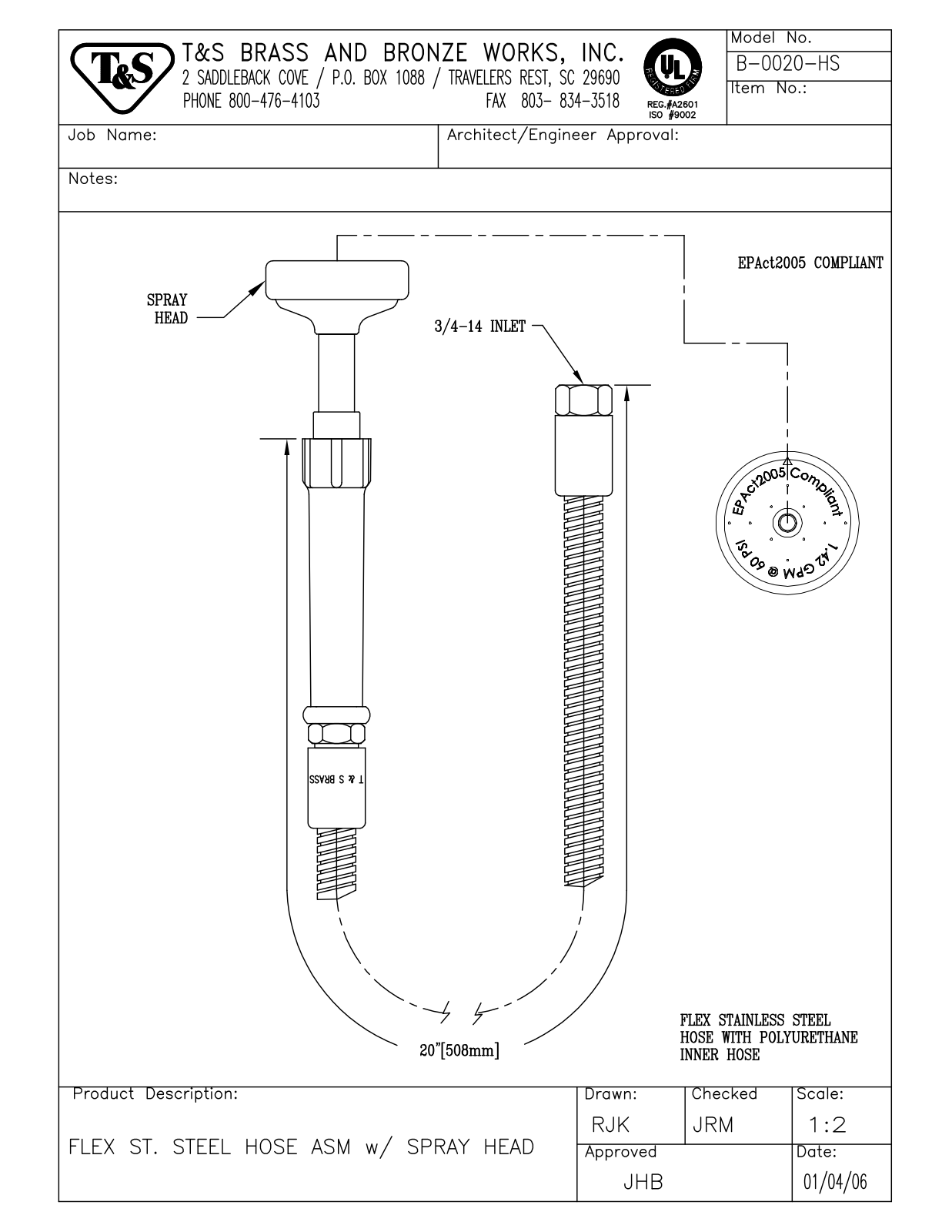 T&S Brass B-0020-HS User Manual