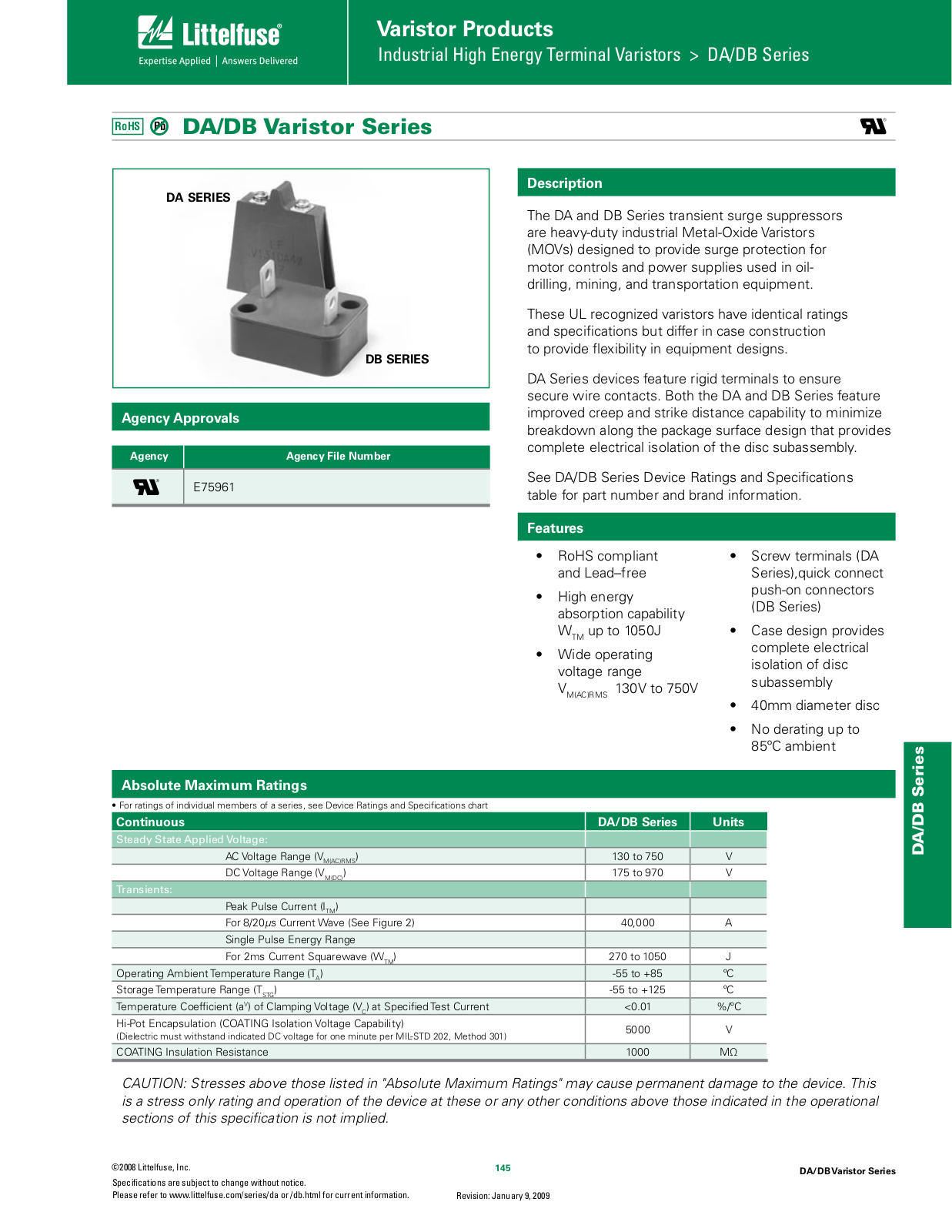 Harris DA Varistor Series, DB Varistor Series Catalog Page