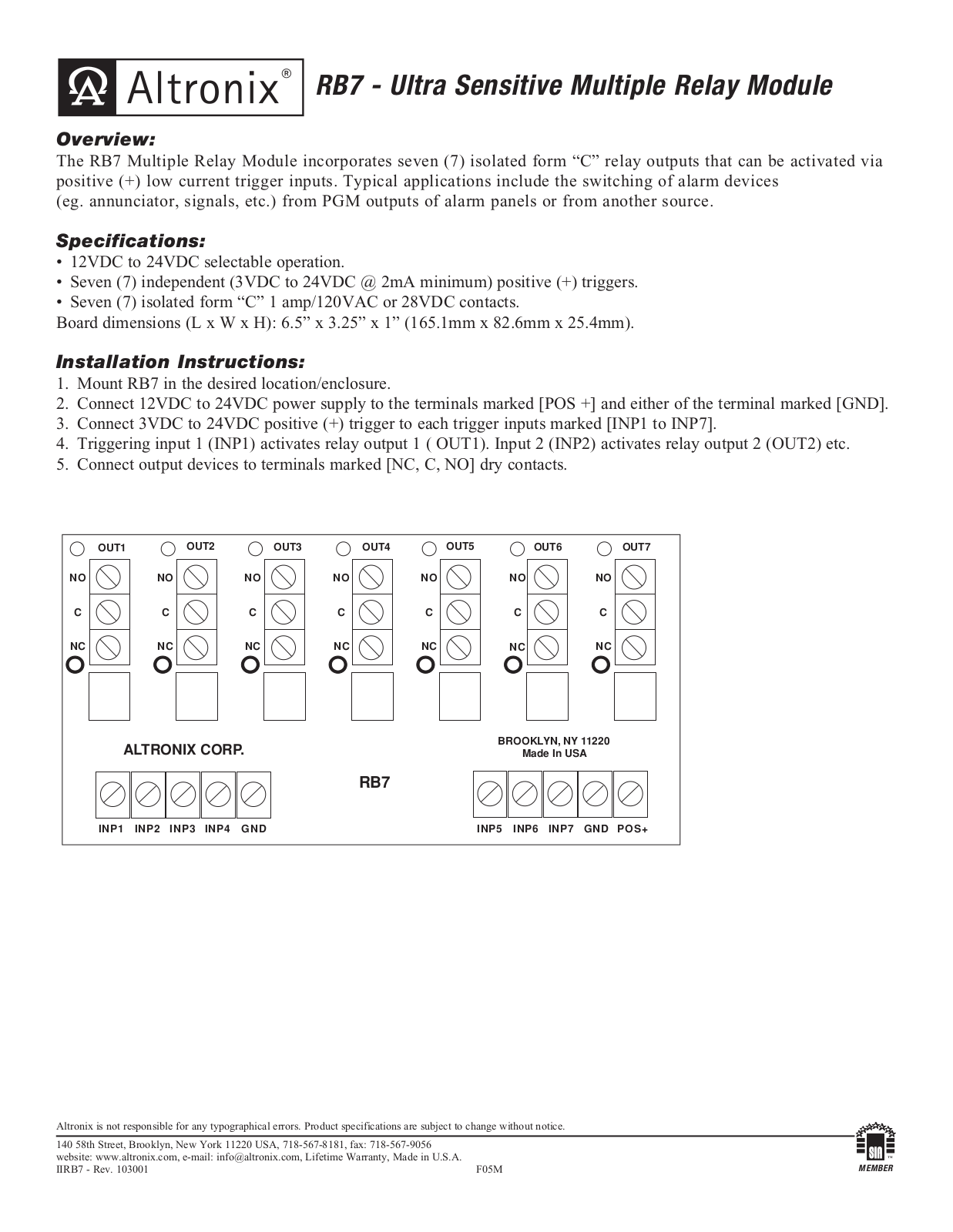 Altronix RB7 Installation Manual