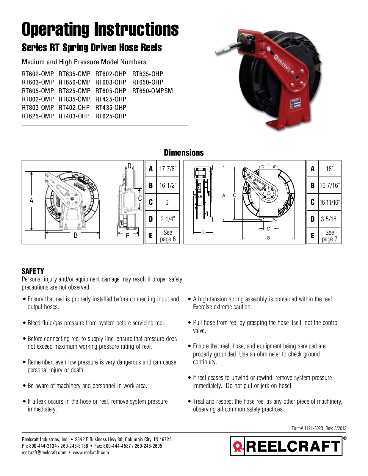 ReelCraft RT602-OHP, RT635-OHP, RT602-OMP, RT603-OMP, RT650-OMP Operating Instructions Manual