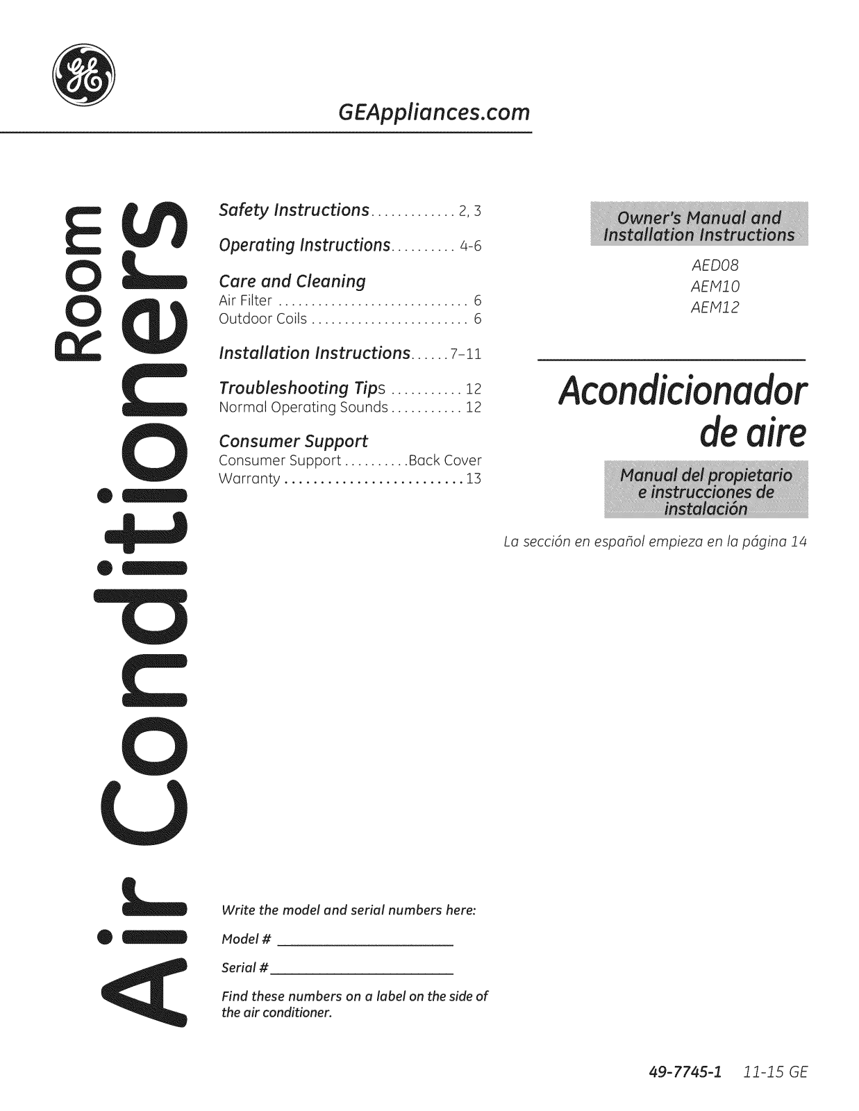 GE AER10ATL1, AEM12AVH2, AEM12AVH1, AEM12ATL1, AEM10AVL1 Owner’s Manual