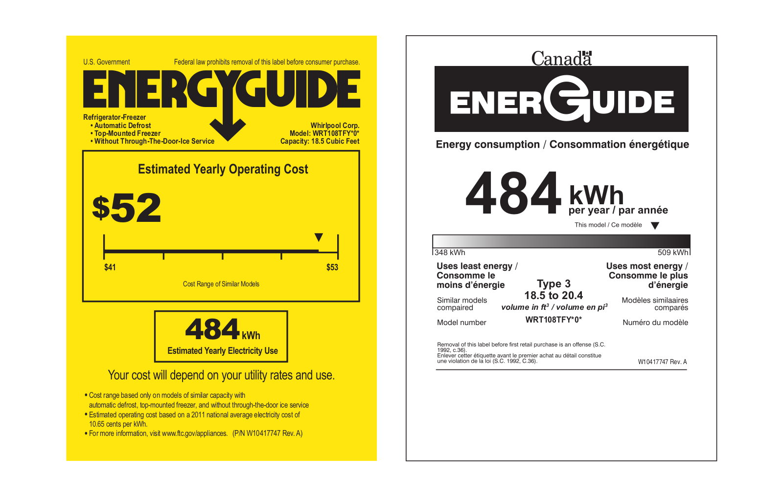 Whirlpool WRT108TFYW Energy Guide