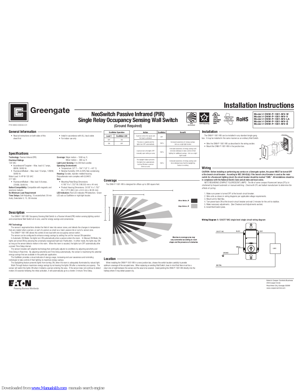 Greengate ONW-P-1001-MV-W, ONW-P-1001-MV-V, ONW-P-1001-MV-LA, ONW-P-1001-MV-G, ONW-P-1001-MV-B Installation Instructions Manual