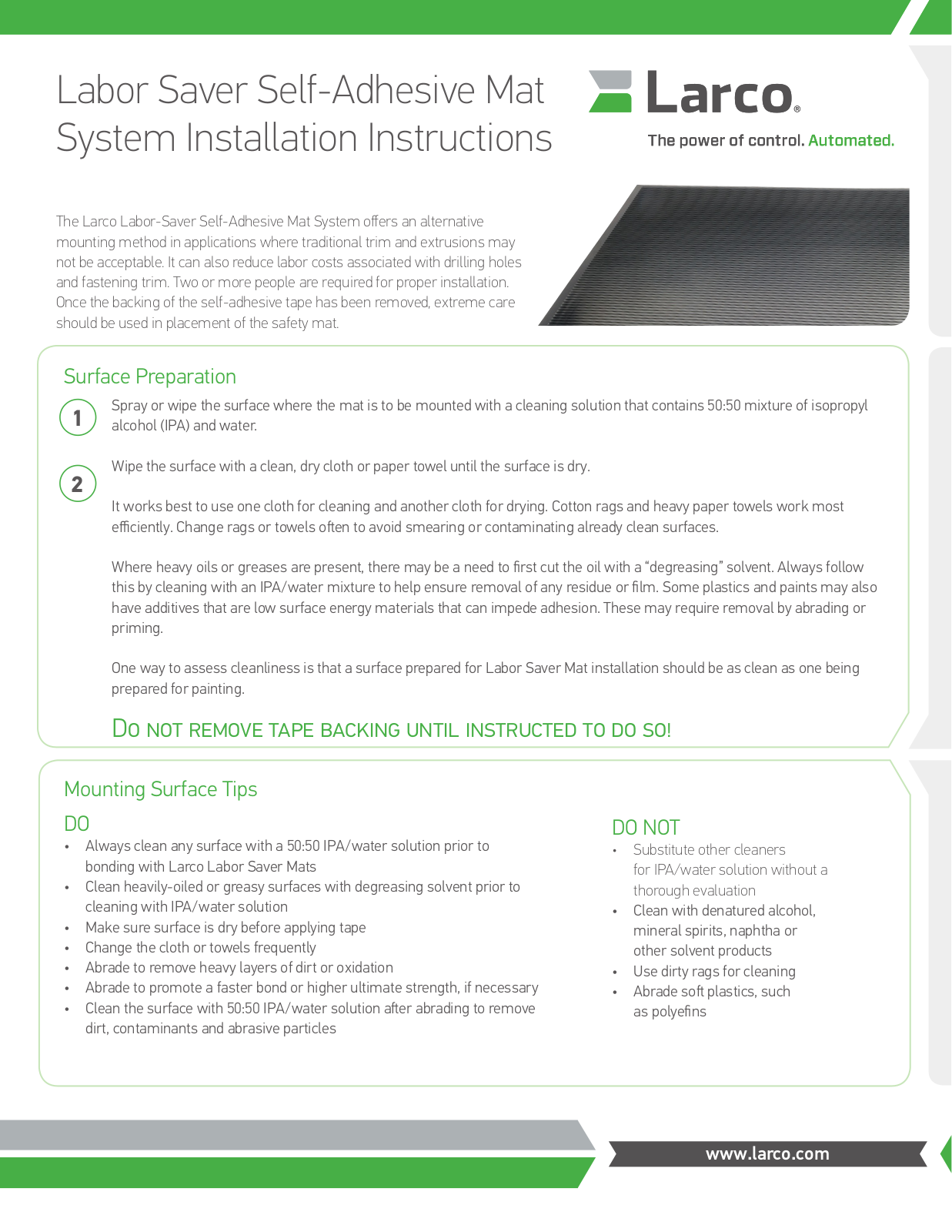 Larco Labor Saver Mat System User Manual