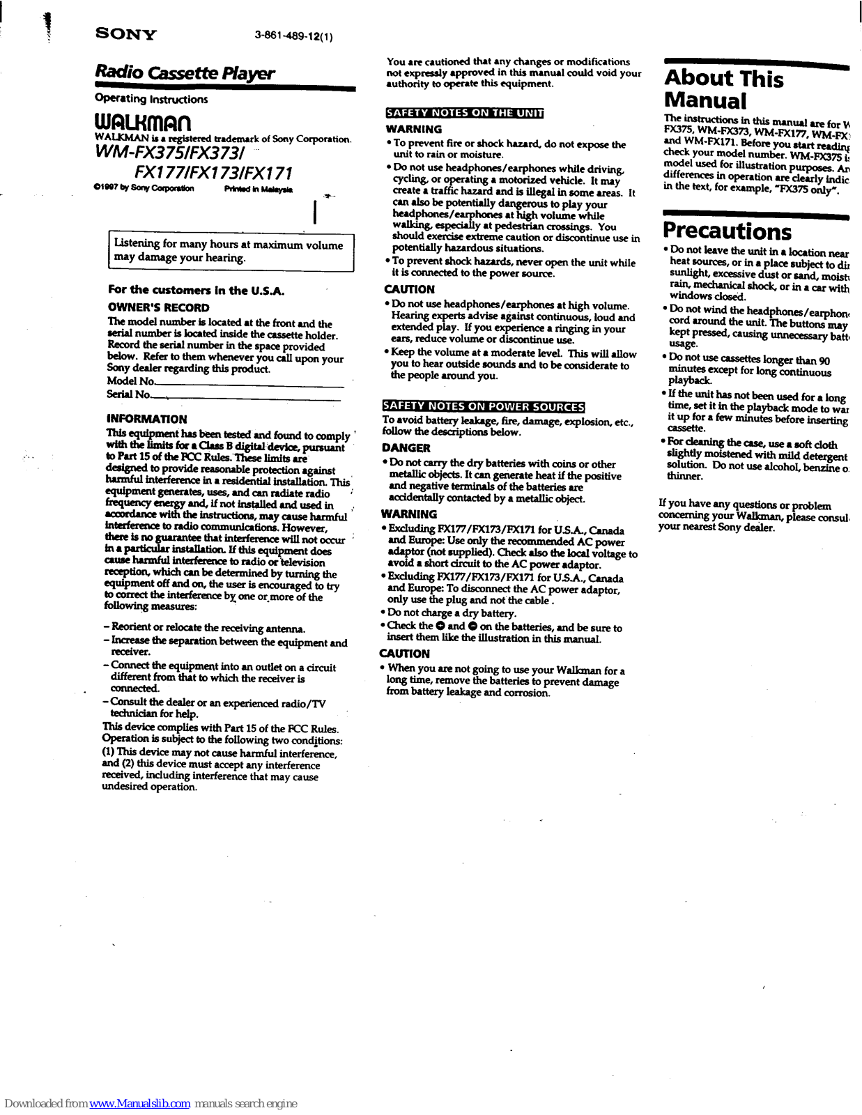 Sony Walkman WM-FX375, Walkman WM-FX373, Walkman WM-FX177, Walkman WM-FX173, Walkman WM-FX171 Operating Instructions Manual