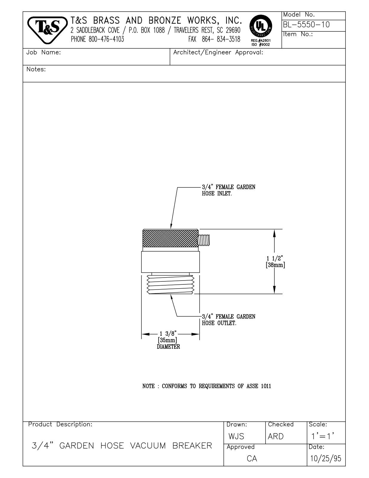 T & S Brass & Bronze Works BL-5550-10 General Manual