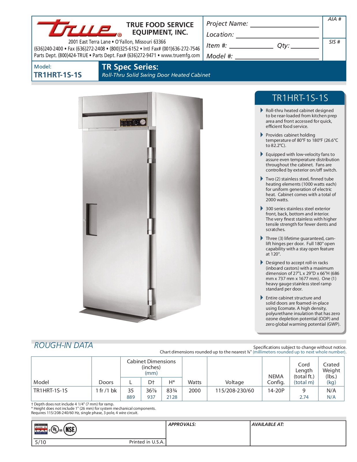 True TR1HRT-1S-1S User Manual