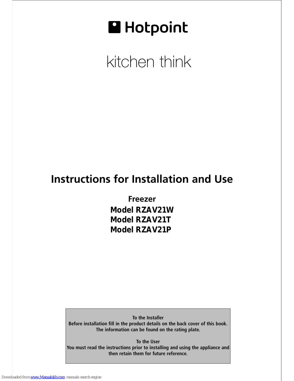 Hotpoint RZAV21W, RZAV21T Instructions For Installation And Use Manual