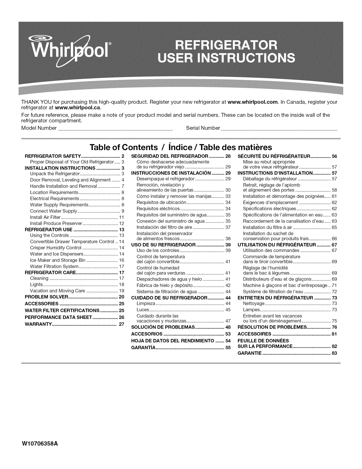 Whirlpool WRS571CIDB00, WRS571CIDM01, WRS571CIDM02, WRS571CIHB00, WRS571CIHV00 Owner’s Manual