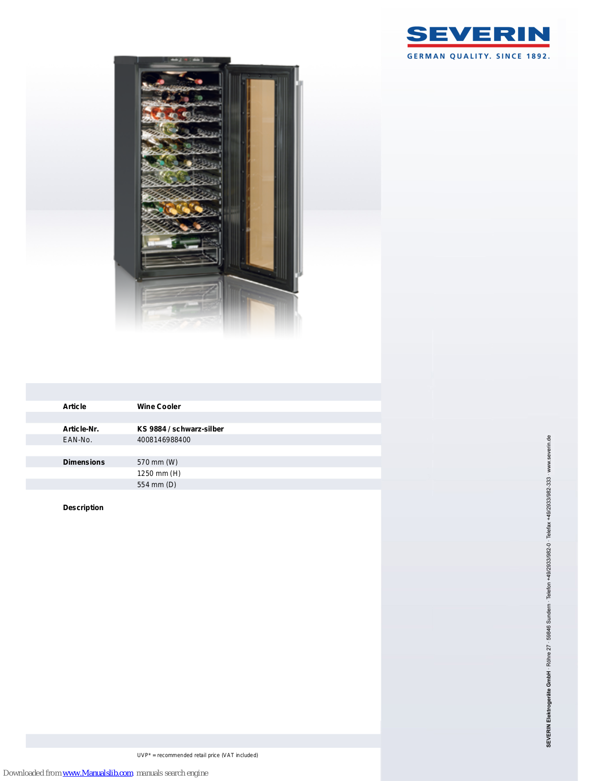 SEVERIN KS 9884, WINE COOLER - DATASHEET 2 Dimensions