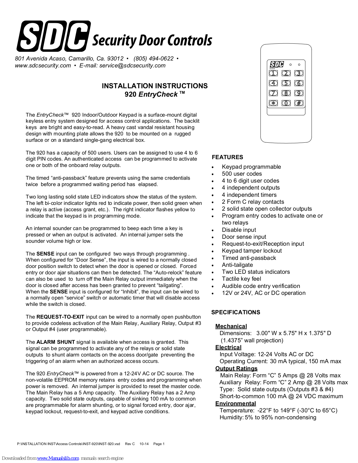 SDC 920 EntryCheck, 926 EntryCheck, 923 EntryCheck Installation Instructions Manual - ManualMachine.com