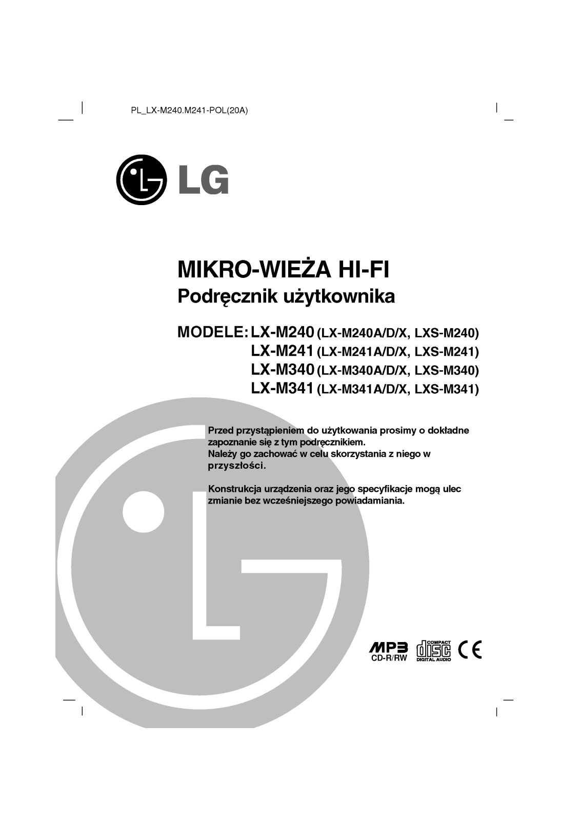 Lg LX-M240, LX-M241, LX-M340, LX-M341 user Manual