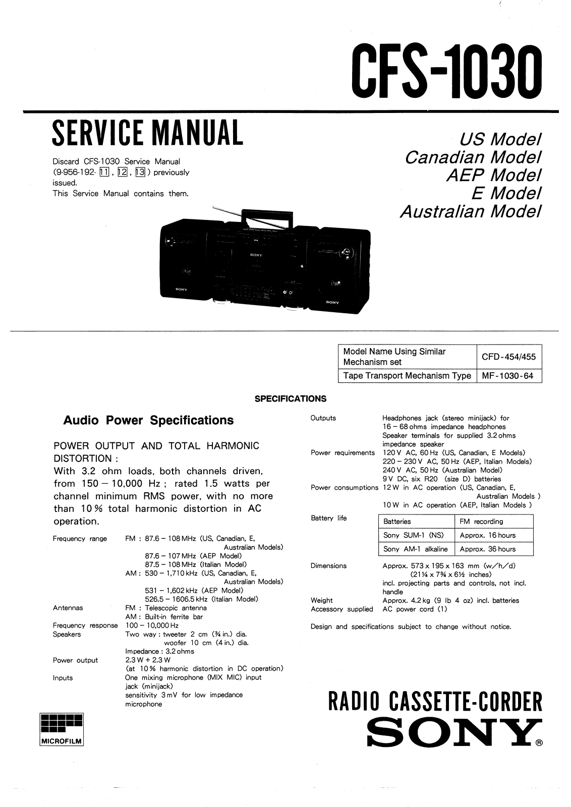 Sony CFS-1030 Service manual