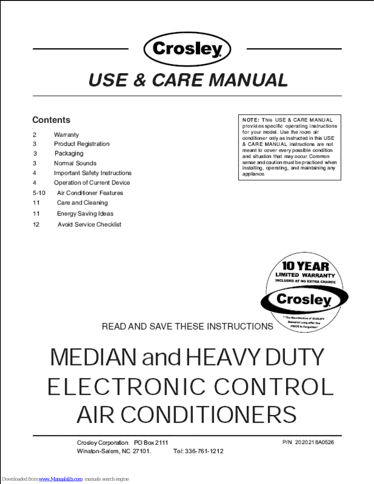 Crosley 2020218A0526 Use & Care Manual