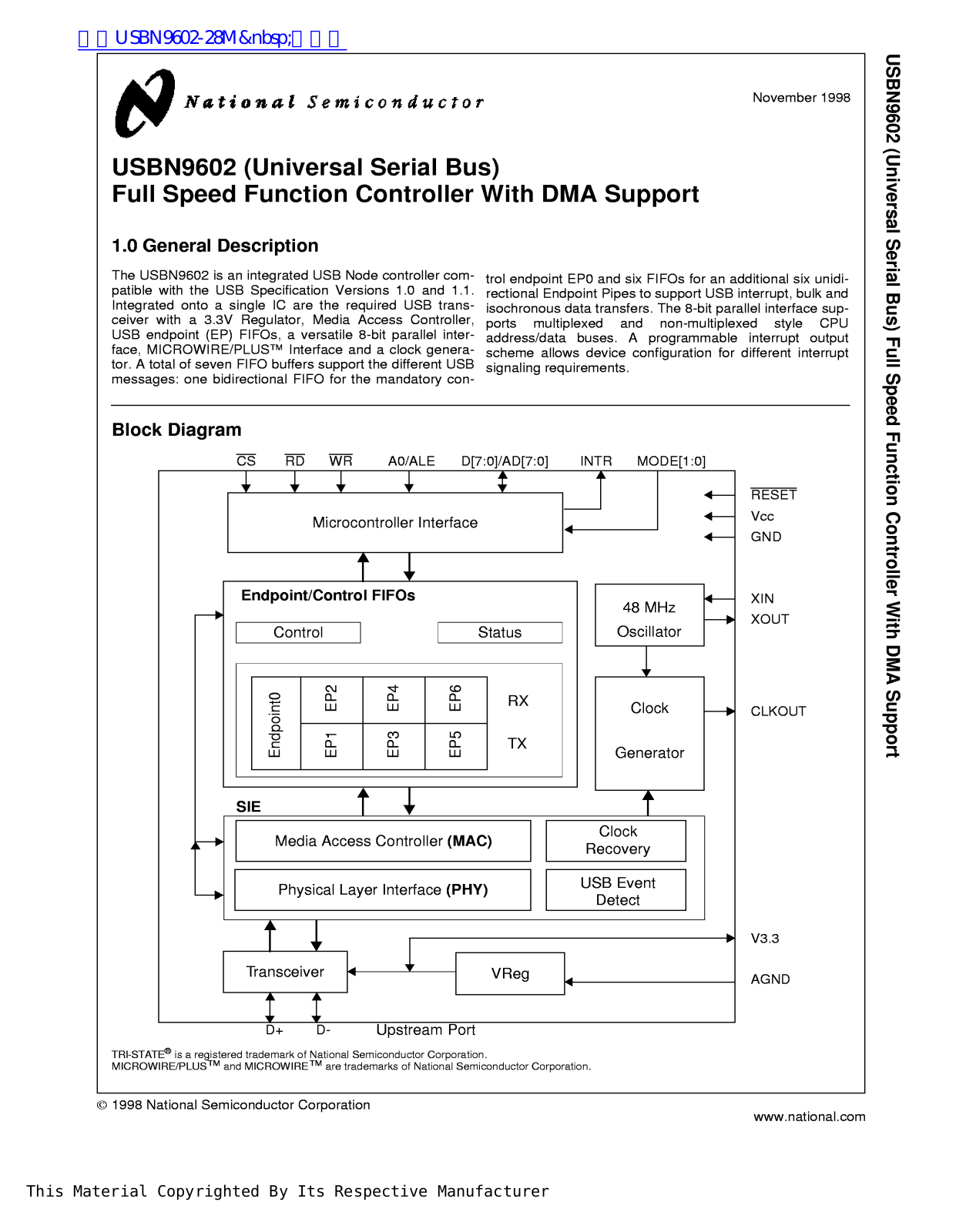 National Semiconductor USBN9602 Technical data