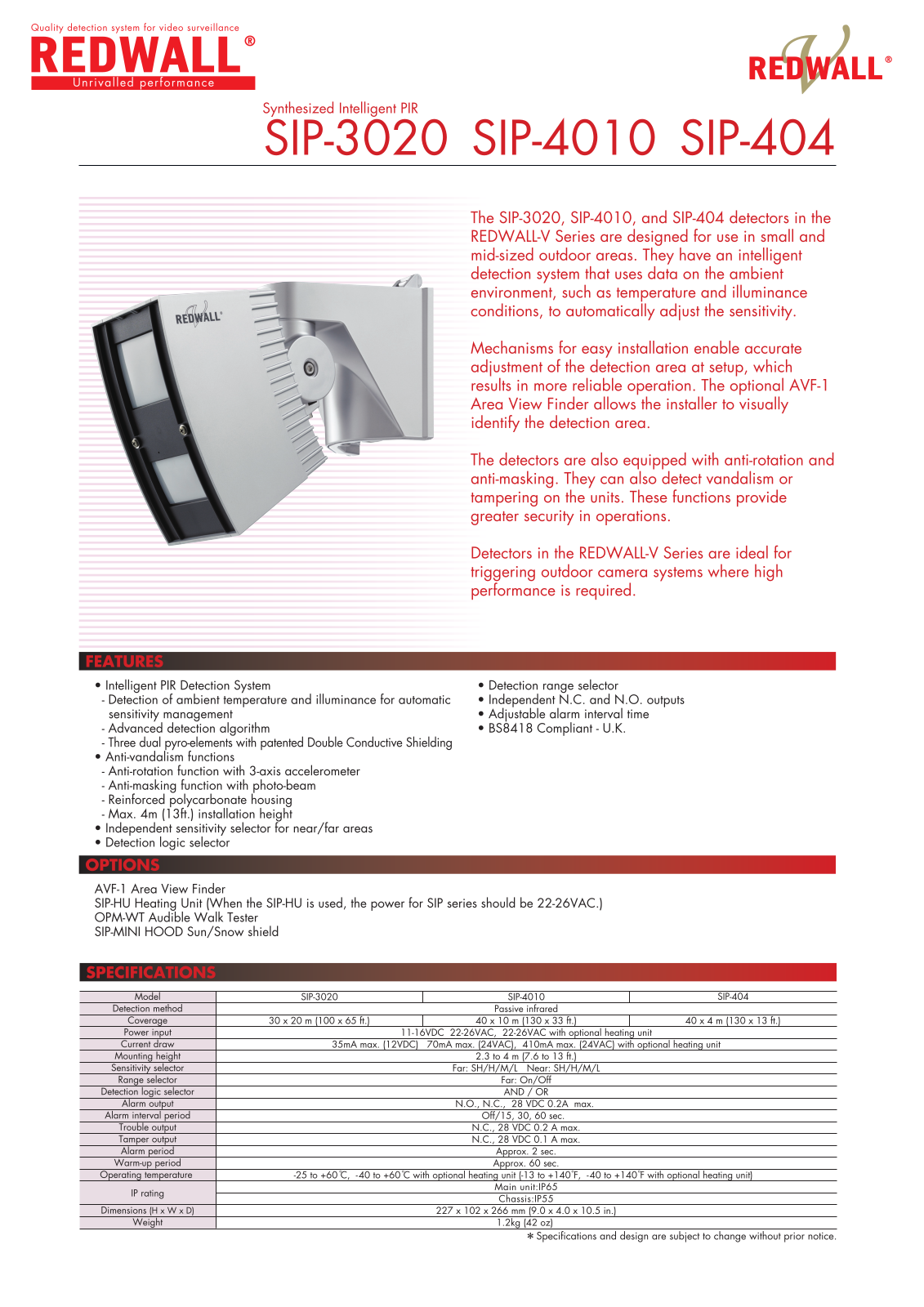 Optex SIP-4010, SIP-404, SIP-3020 Specsheet