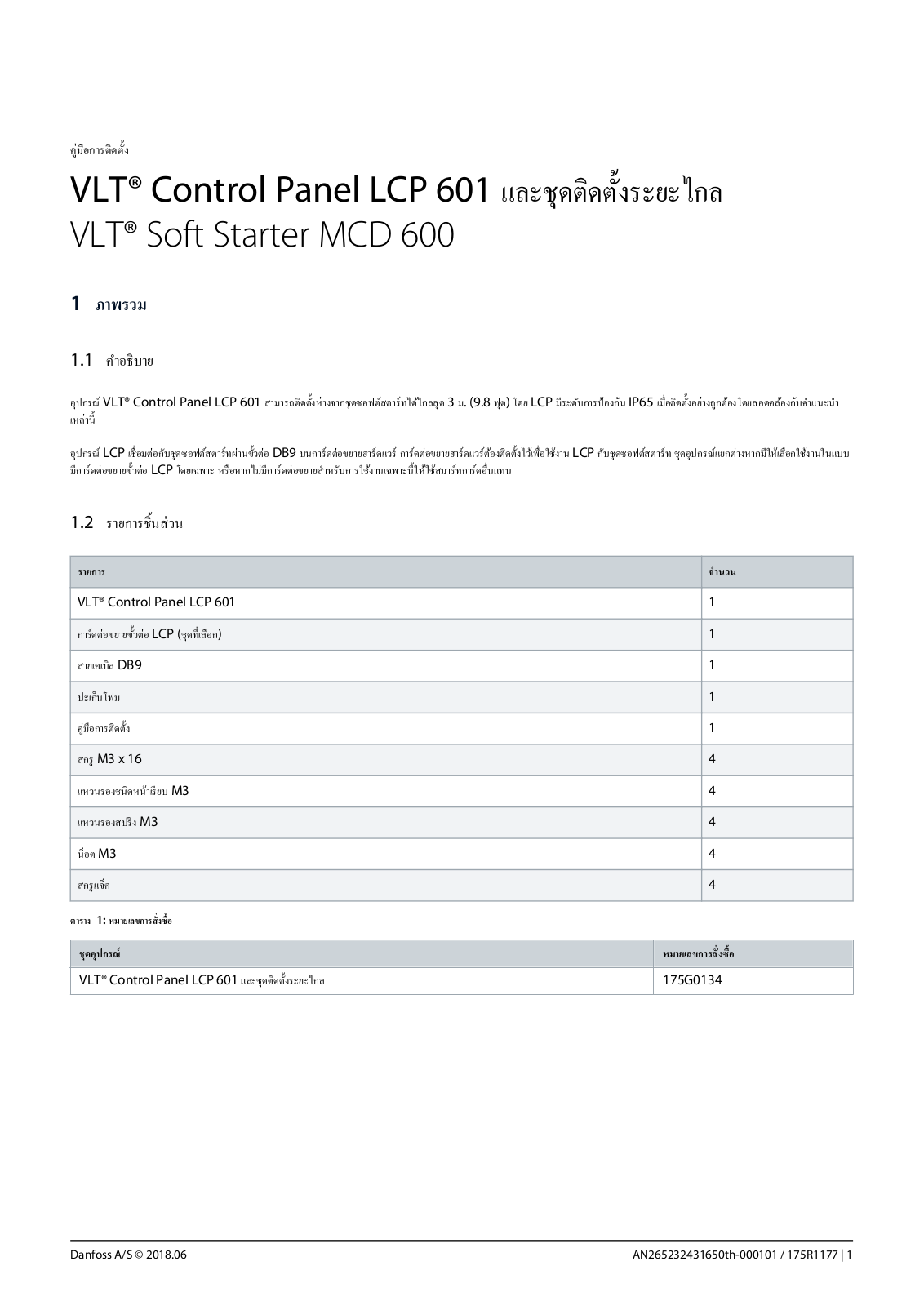 Danfoss VLT Control Panel LCP 601 Installation guide