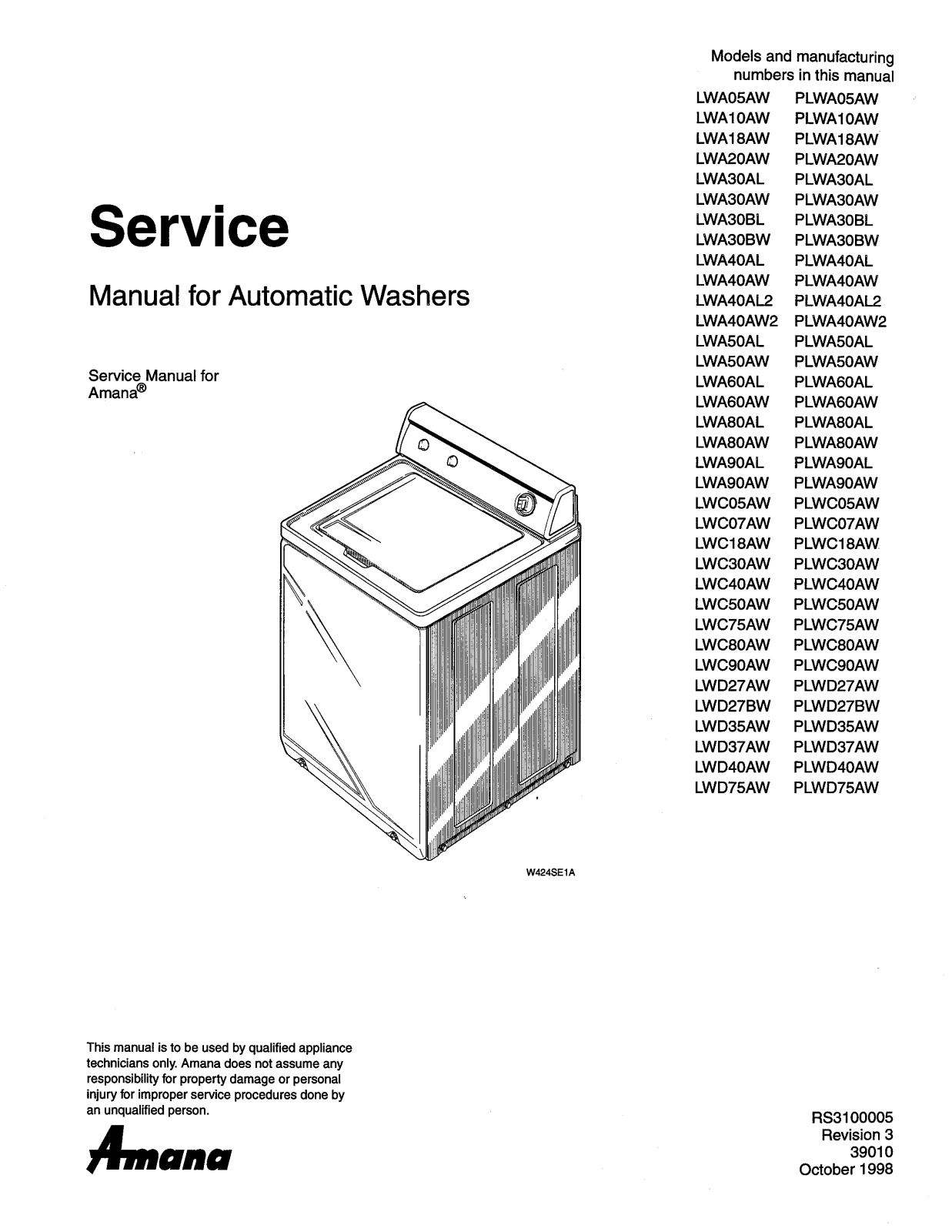 Amana LWA20AW, LWA30BL, LWA30AW, LWA10AW, LWA30BW Service Manual