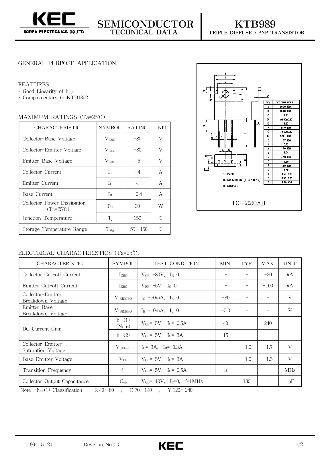 KEC KTB989 Datasheet