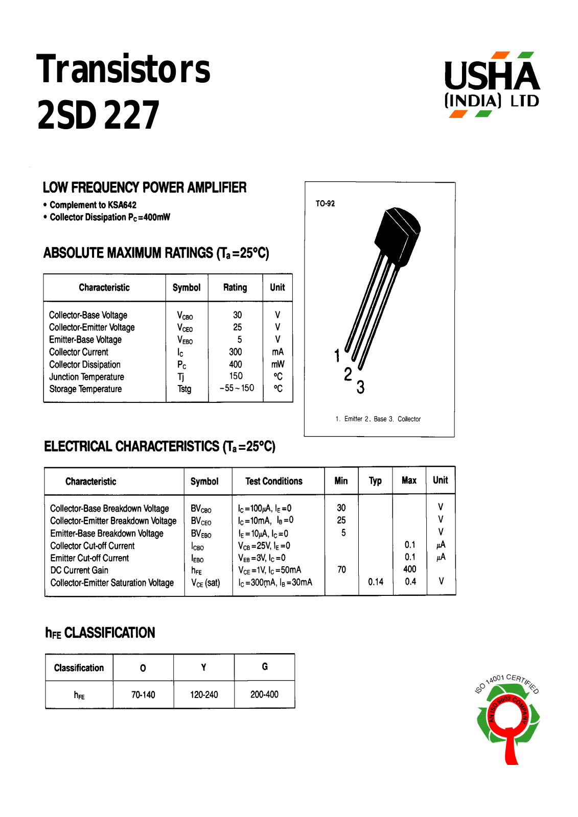 USHA 2SD227 Datasheet