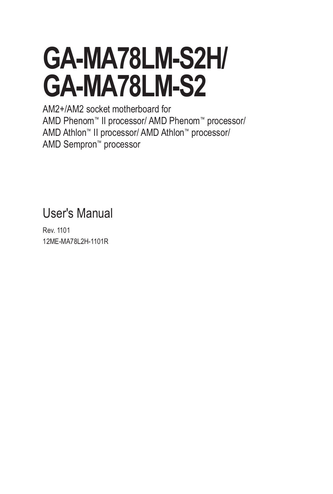 GIGABYTE GA-MA78LM-S2, GA-MA78LM-S2H Owner's Manual