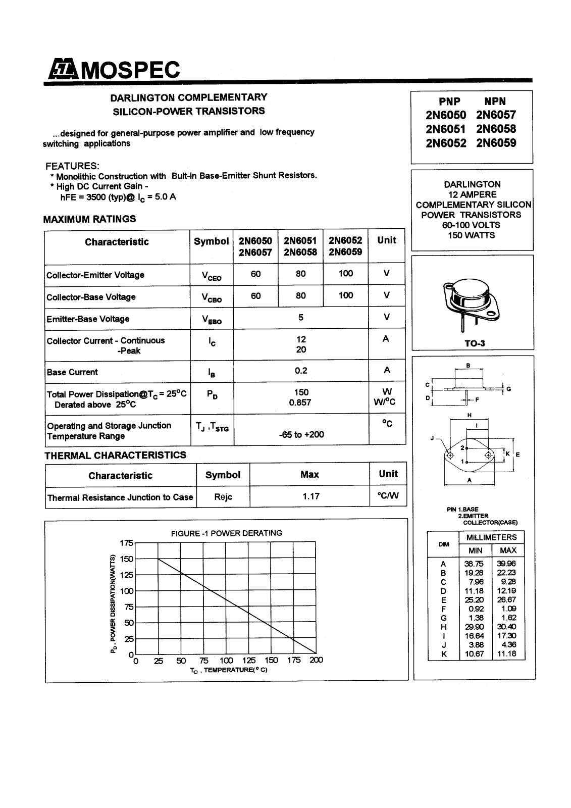 MOSPEC 2N6059, 2N6058, 2N6057, 2N6052, 2N6051 Datasheet