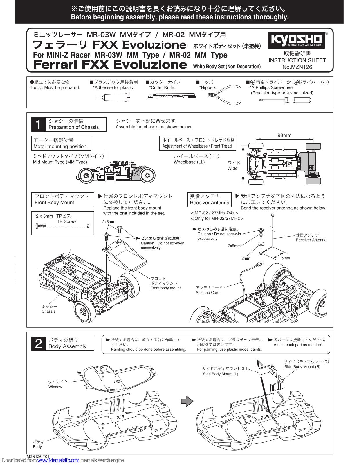 Kyosho MINI-Z Racer MR-03W MM Type, MINI-Z Racer MR-02 MM Type, Ferrari FXX Evoluzione Instruction Sheet