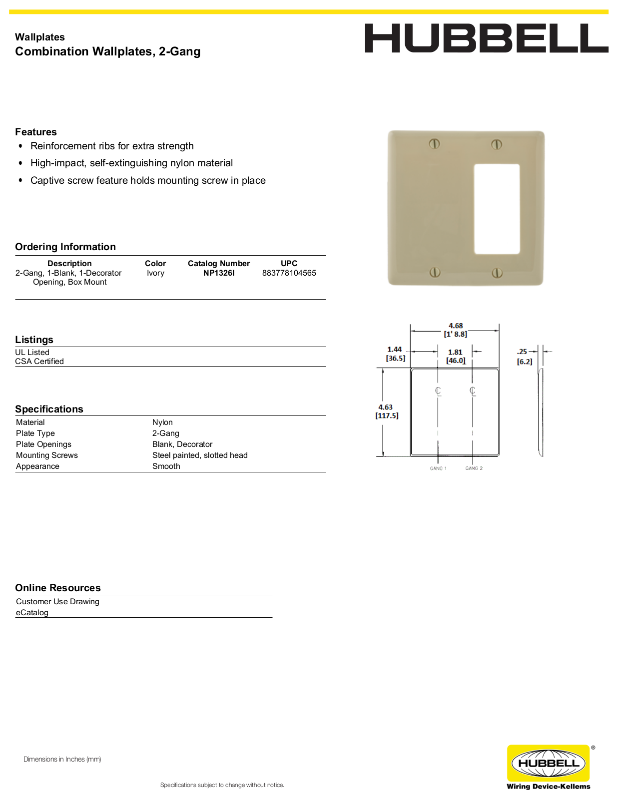 Hubbell NP1326I Specifications