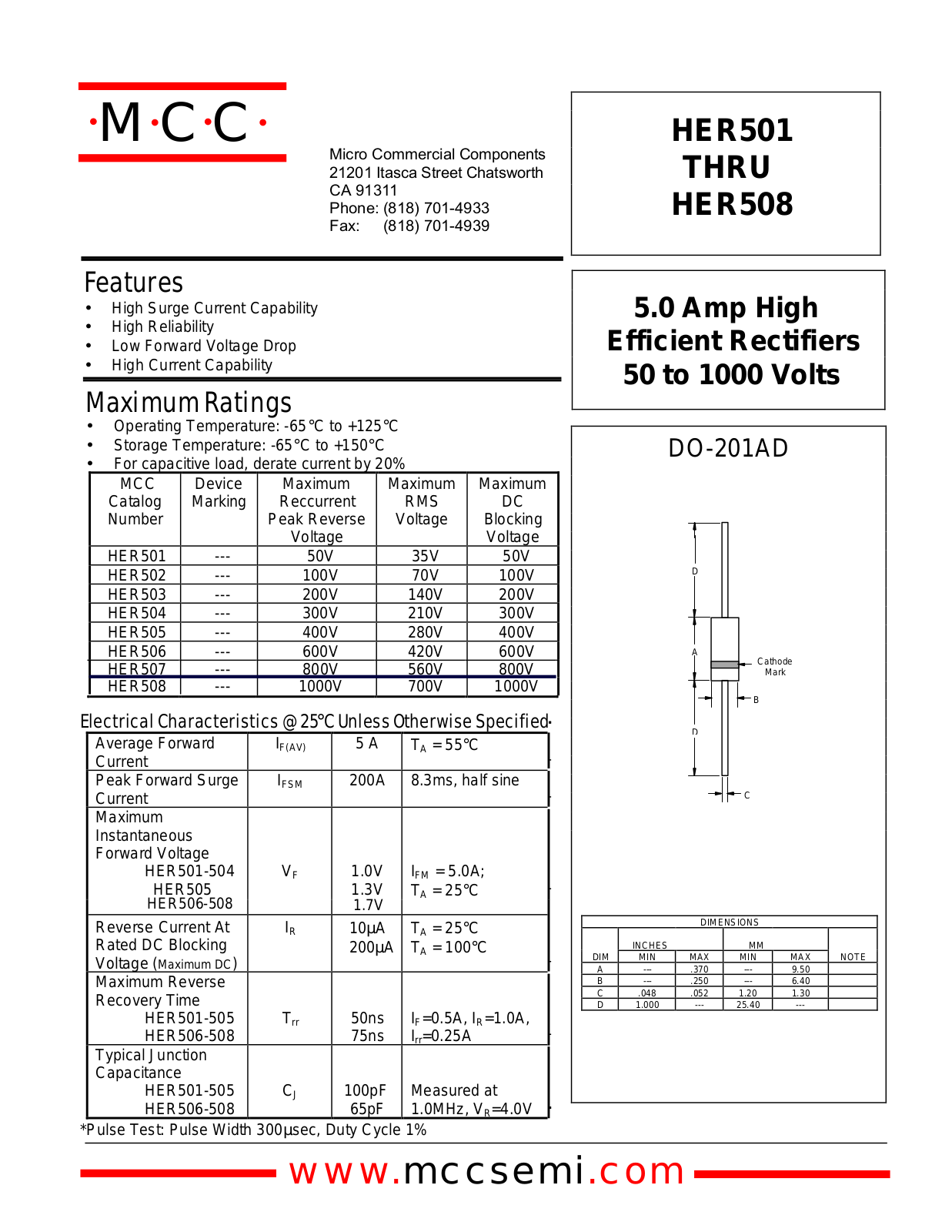 MCC HER505, HER507, HER506, HER508, HER501 Datasheet