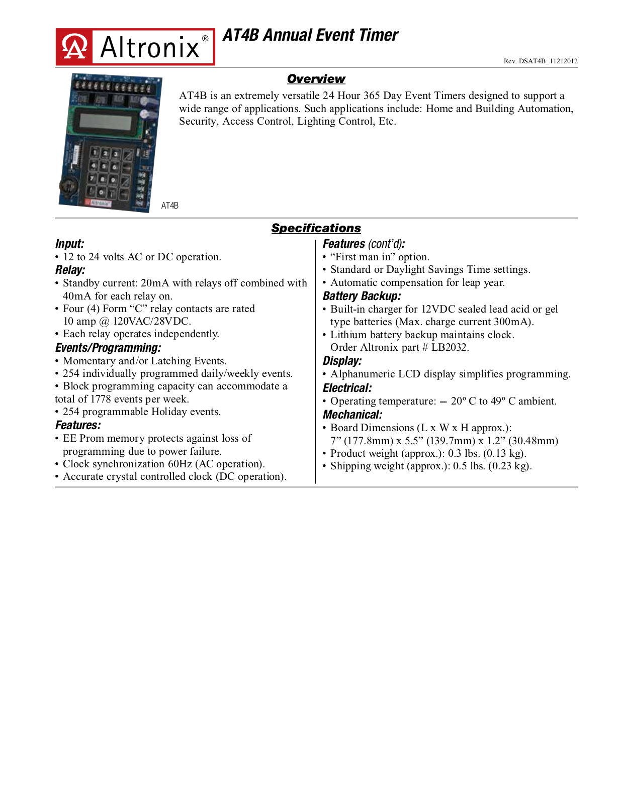 Altronix AT4B Specsheet