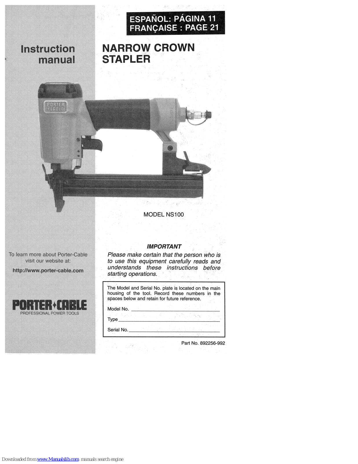 Porter-Cable NS100 Instruction Manual