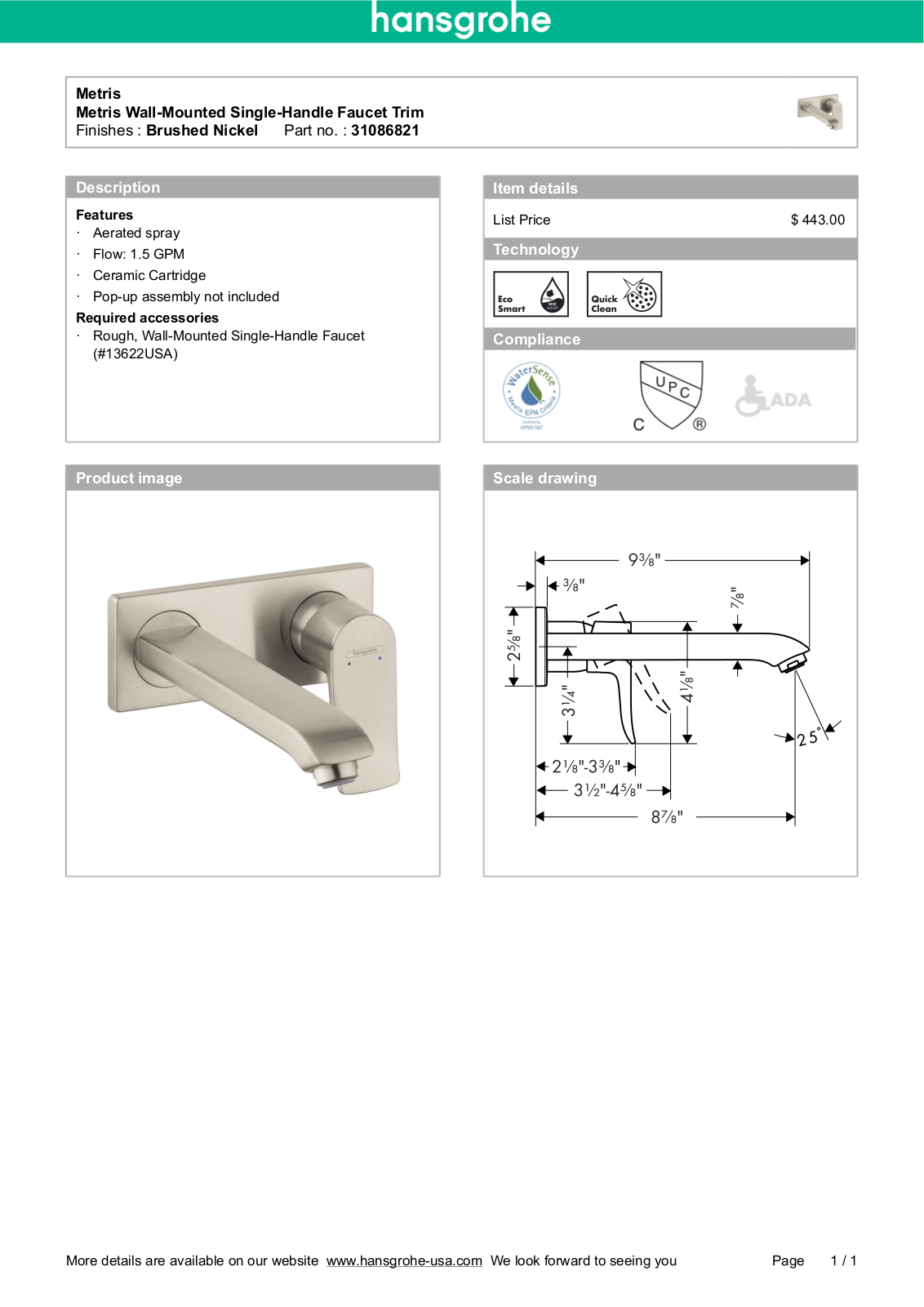 Hansgrohe 31086821 Specs