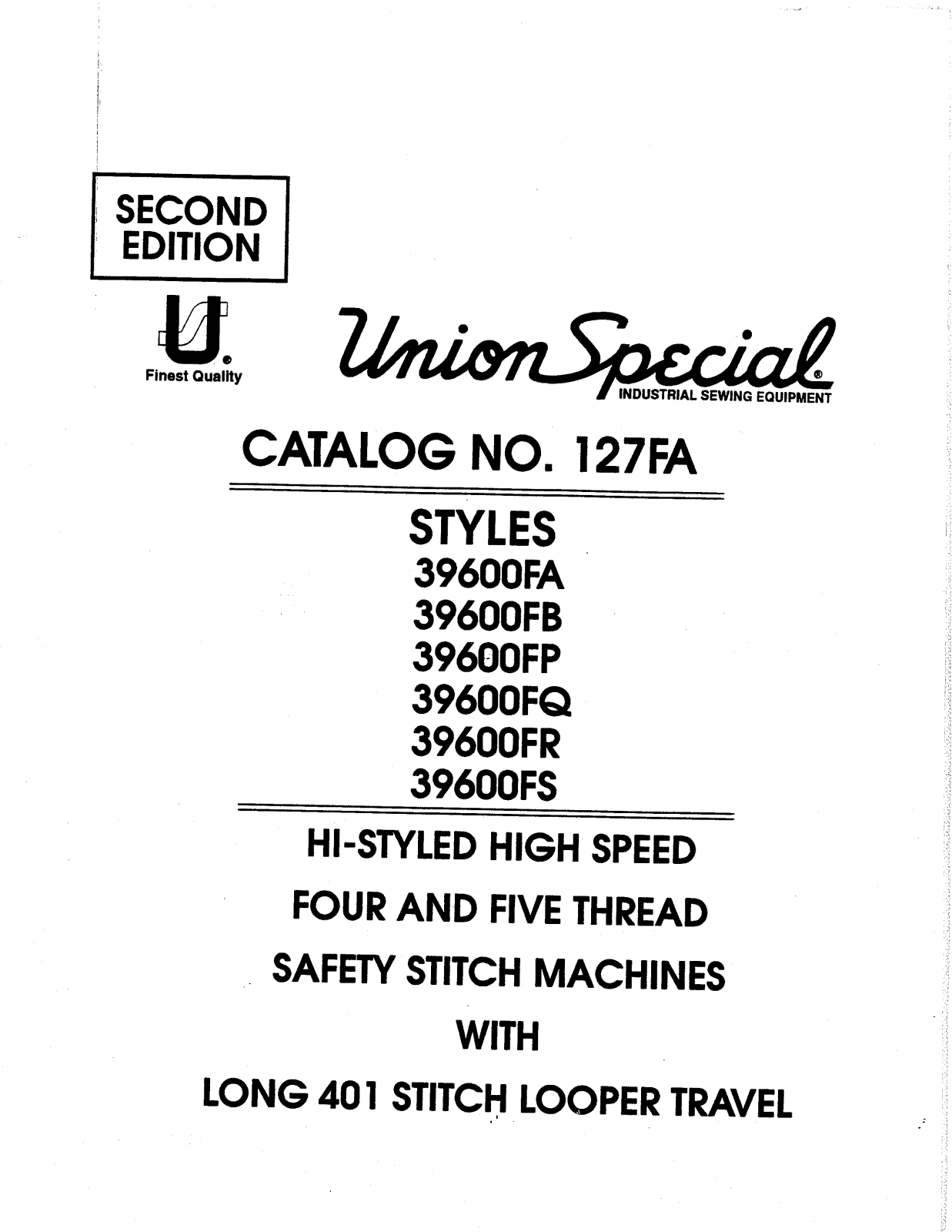 Union Special 39600FA, 39600FB, 39600FP, 39600FQ, 39600FR Parts List